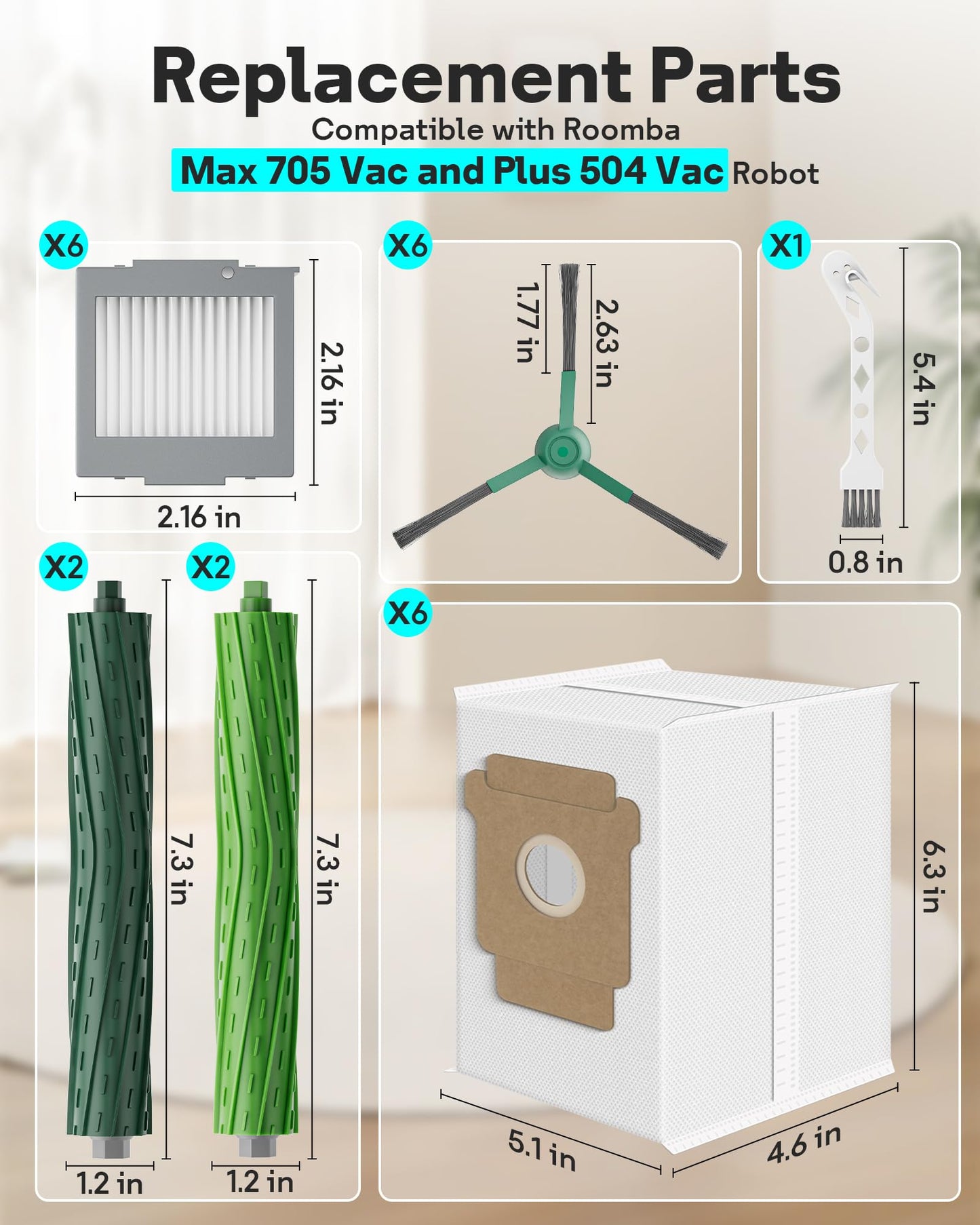 Leemone 23 Pcs Replacement Parts for iRobot Roomba Max 705 Vac & Plus 504 Vac Robot Vacuum, 705 Accessories Kit with 4 Main Roller Brushes, 6 Dust Bags, 6 Filters, 6 Side Brushes, 1 Cleaning Brush