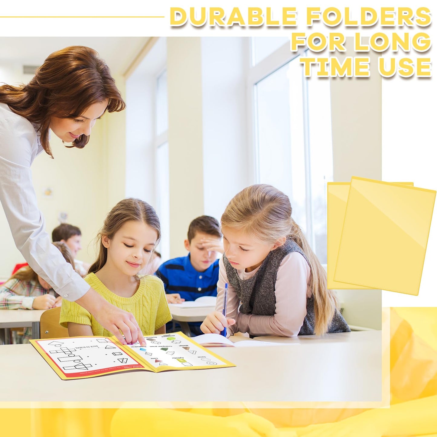 Henoyso 24 Pcs School and Home 2 Pocket Folders with 4 Clear Inner Pockets Plastic Heavy Duty Homework Folders Parent Teacher Communication for Student Home Office Classroom,11 x 9 Inch (Yellow)