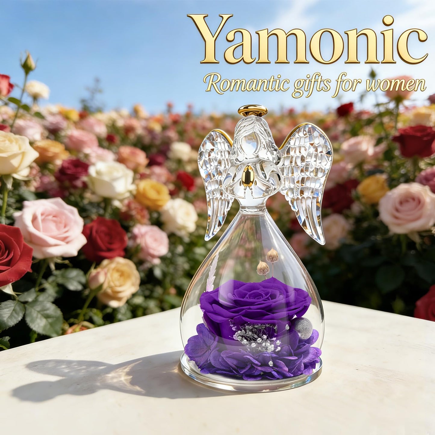 Yamonic Mom Birthday Gifts for Mom Grandma, Angel Figurines with Real Rose Gifts for Women Moms, Preserved Flowers Rose Glass Angel for Mothers Day Christmas Valentine's Day Gifts for Her(Purple)