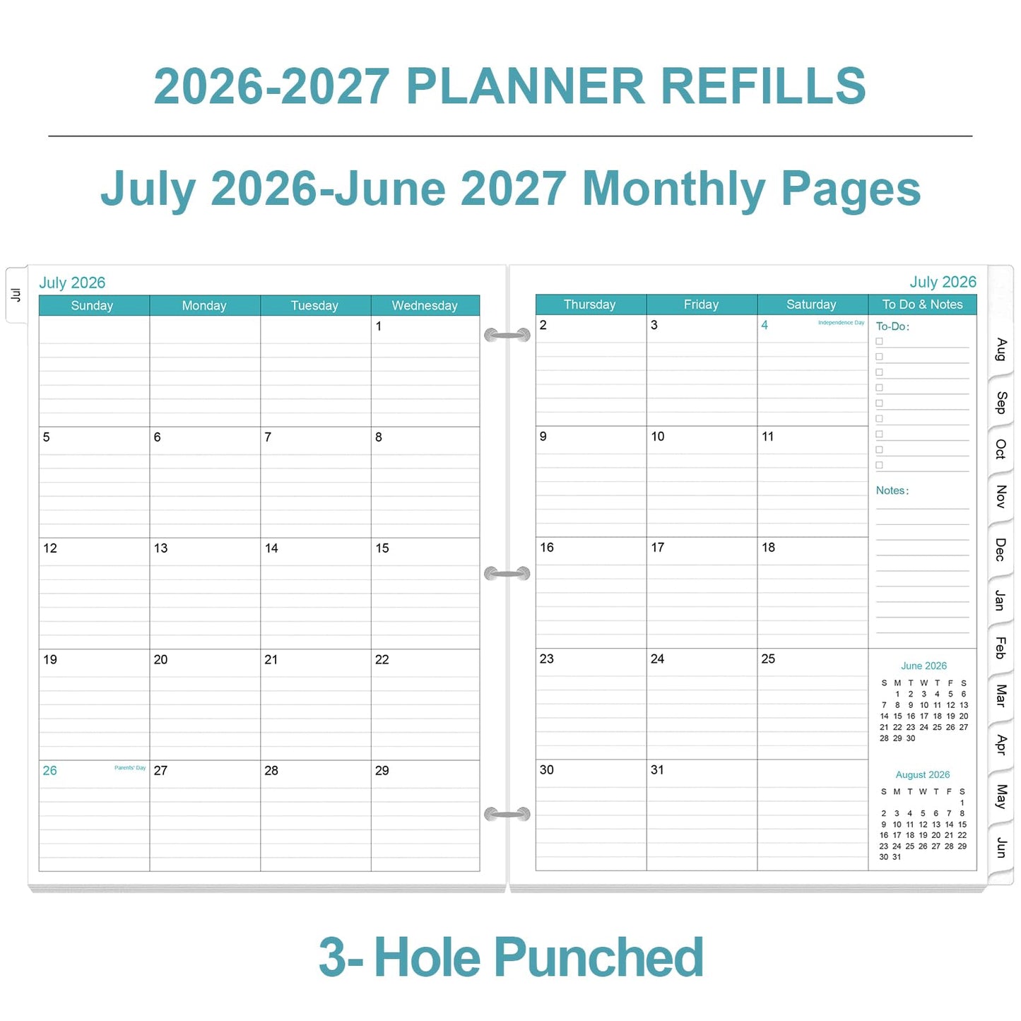 2026-2027 Planner Refill - One Page Per Day, 3-Hole Daily ＆ Monthly Planner Refills, July 2026 - June 2027, 8.5" x 11"