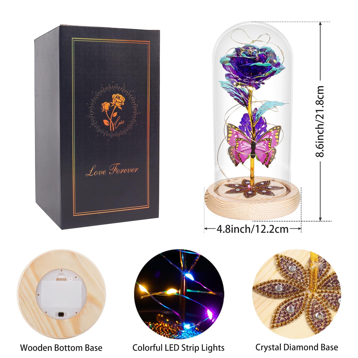 Beferr Birthday Gifts for Women Galaxy Glass Rose Forever Preserved Flowers for Delivery Light Up Rose in Glass Dome Mothers Day Butterfly Gifts for Mom Wife Grandma Her Daughter Girlfriend