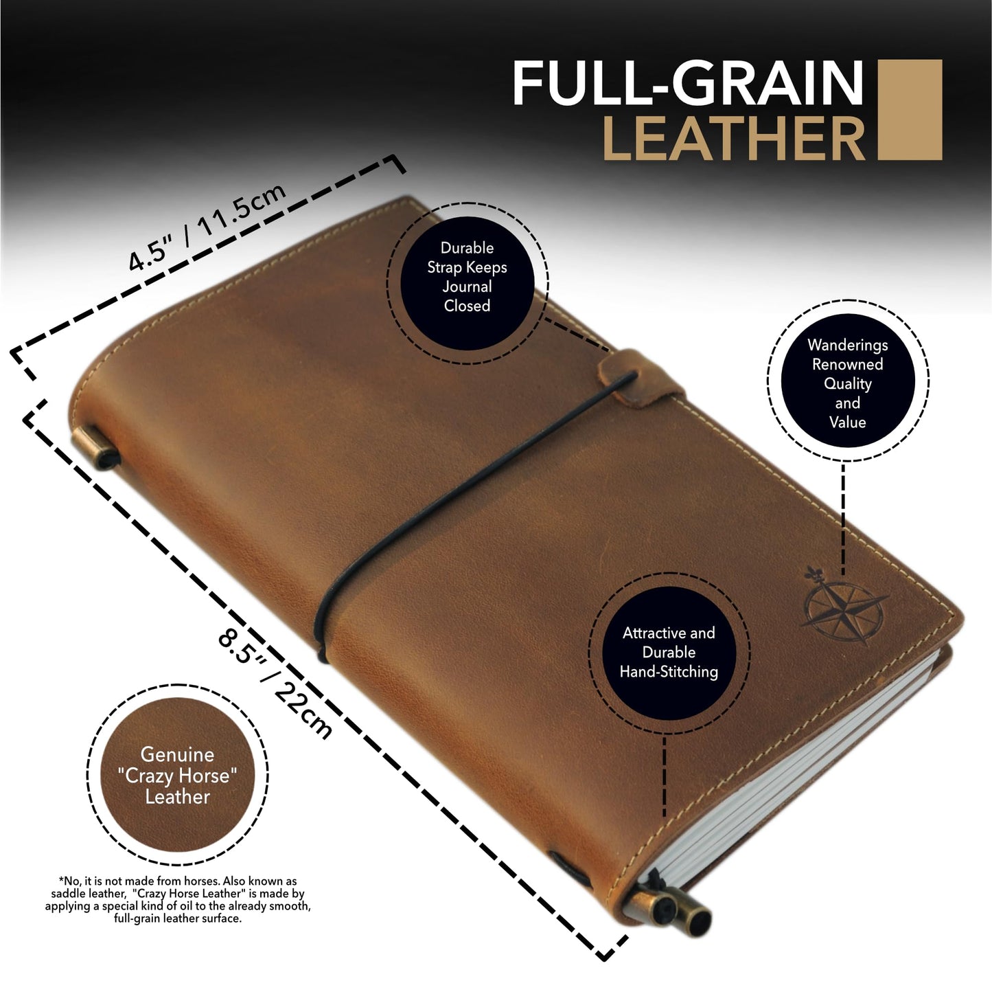 WANDERINGS Regular Size Travelers Notebook with Pockets - 4.5" x 8.5" (11.5 x 22cm) - Refillable Travelers Journal -Leather Journal, Includes 100 GSM Blank Inserts