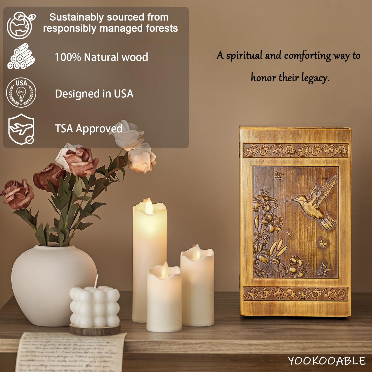 Wooden Urn for Ashes Adult Male Female, Handcrafted Large Cremation Urns Box for Human Ashes Adult Man Woman, Memorial Decorative Funeral Urn with Hummingbird Carvings, with Velvet Bag & Necklace