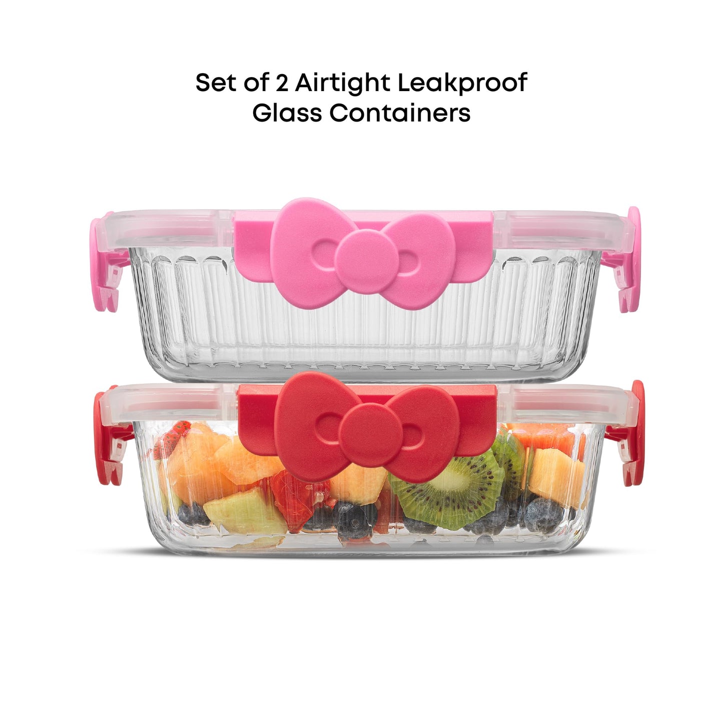 JoyJolt Sanrio Hello Kitty Fluted Glass Food Storage Containers with Lids, 2x Airtight Glass Storage Containers with Lids for Kitchen, Reusable Lunch Meal Prep Container, Cute Hello Kitty Gifts