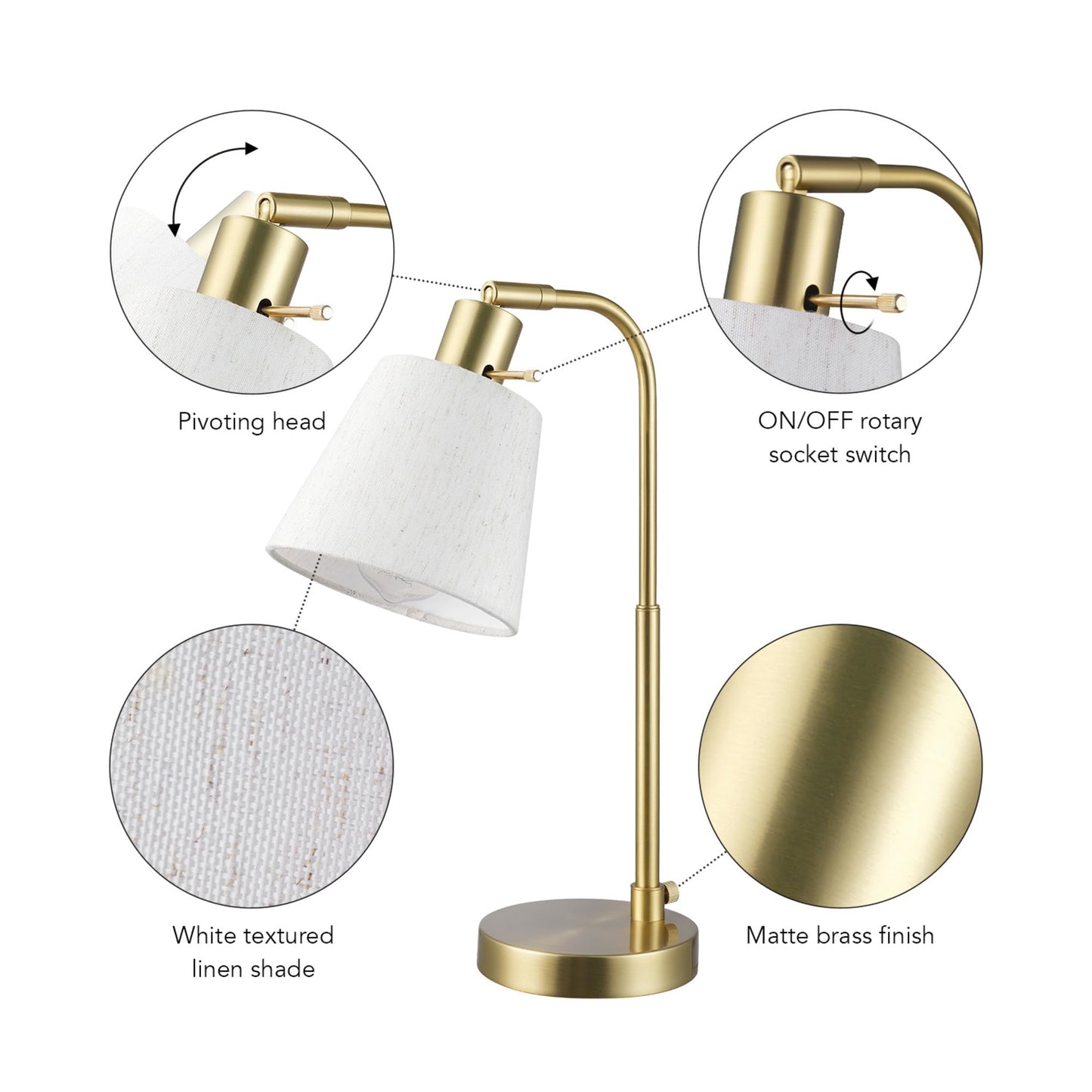 Globe Electric 61000057 16" Desk Lamp, Matte Brass Finish, White Shade, Adjustable Pivot Joint, Rotary Switch on Socket, Modern Lighting for Bedroom or Office, Indoor Lights, E26 Base