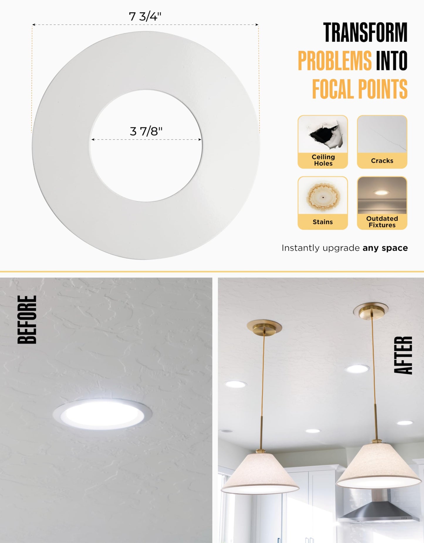 The Can Converter R56 Recessed Can Light Conversion Kit w/ 7"¾ Flat Steel Ceiling Medallion - Home Improvement for 5" & 6" Cans, Converter Kit for Ceiling Fan & Light Fixture, UL Certified, White