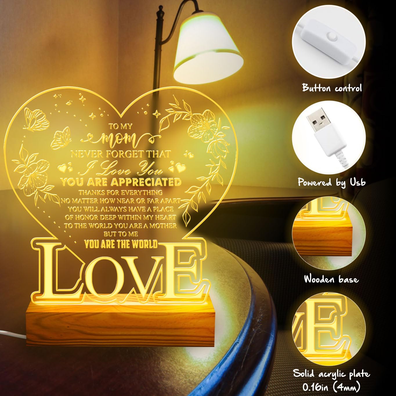 Donawings to My Mom, Never Forget that I Love You – Heart-Shaped LED Night Light for Mom – Mom Birthday Gift, Mother's Day – USB Port Powered Lamp with Engraved Love Message – Wooden Base Home Decor