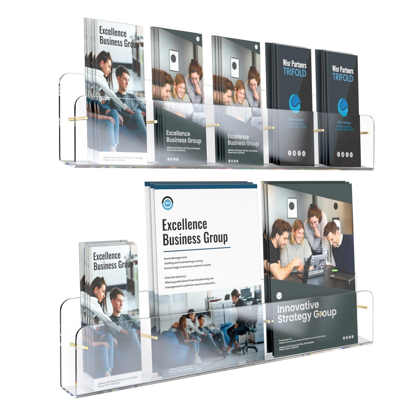 HIIMIEI Brochure Holder Wall Mount, 2-Pack Acrylic Modular Flyer, Pamphlet Display Stand with Magnetic Brass Bolts, Dual Installation Options, and Designed for Schools, Studios, and Community Spaces