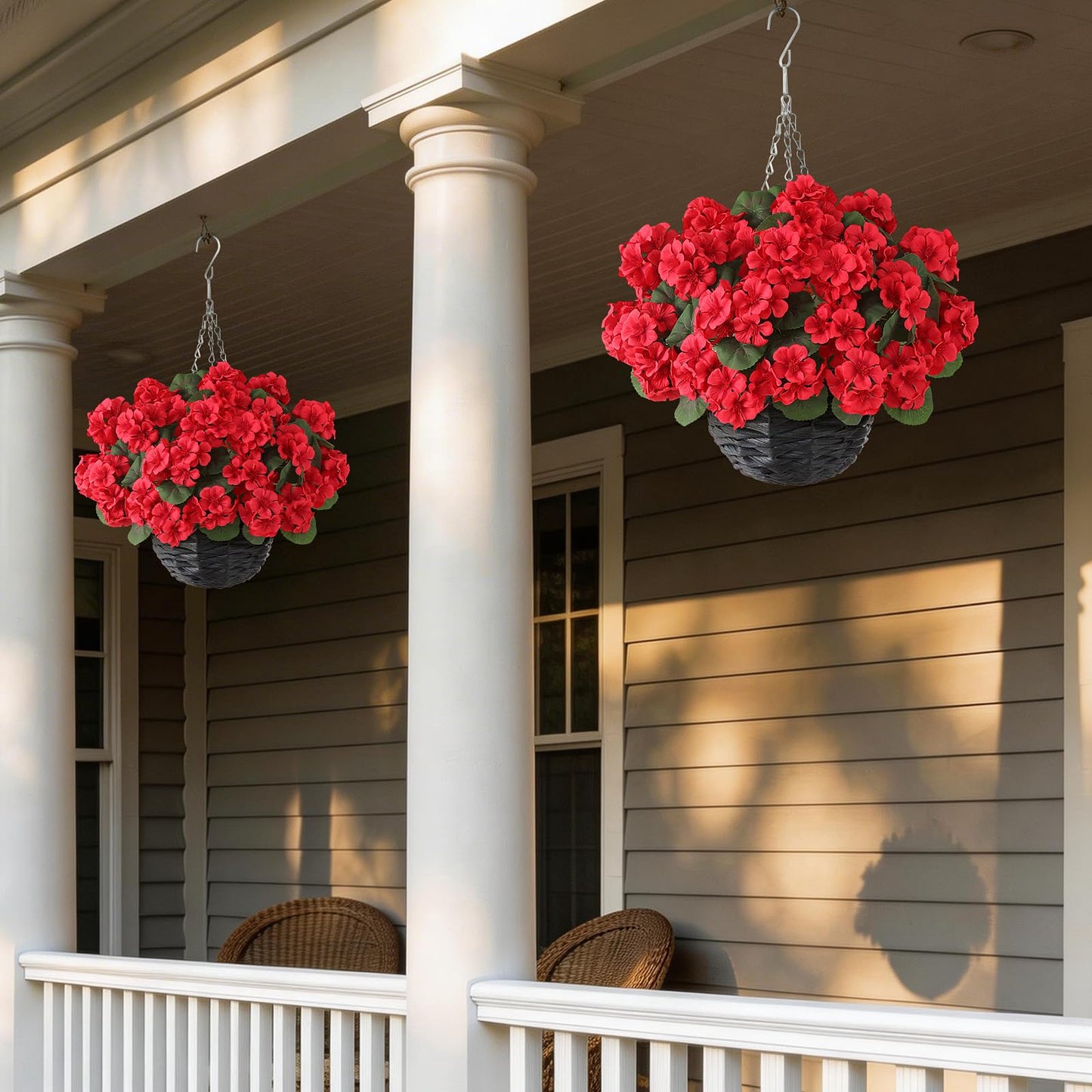 GLIDLION 2 Set Artificial Geraniums Flowers with Hanging Baskets for Outdoors - Sun Resistant Silk with Geranium Flowers, Fake Hanging Planters for Front Porch Garden Patio Home Decor (Red)