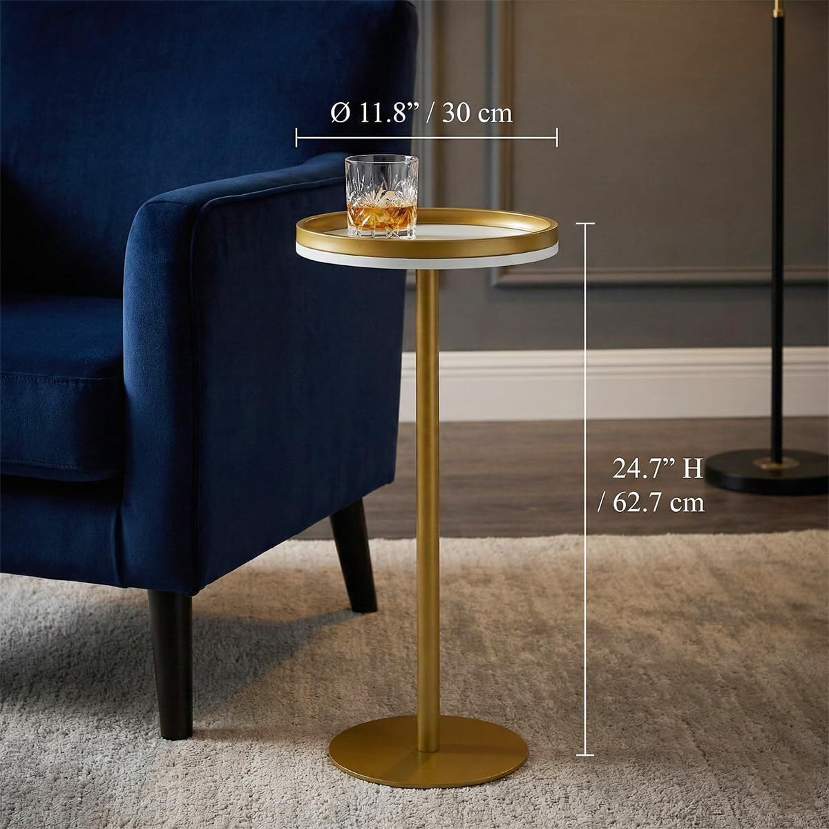 ZEXVIDA Martini Table, Small Round Drink Table with Weighted Base,Modern White & Gold Pedestal End Table with Tray Top Edge for Small Spaces, Living Room, Next to Sofa,24.7 "Tall