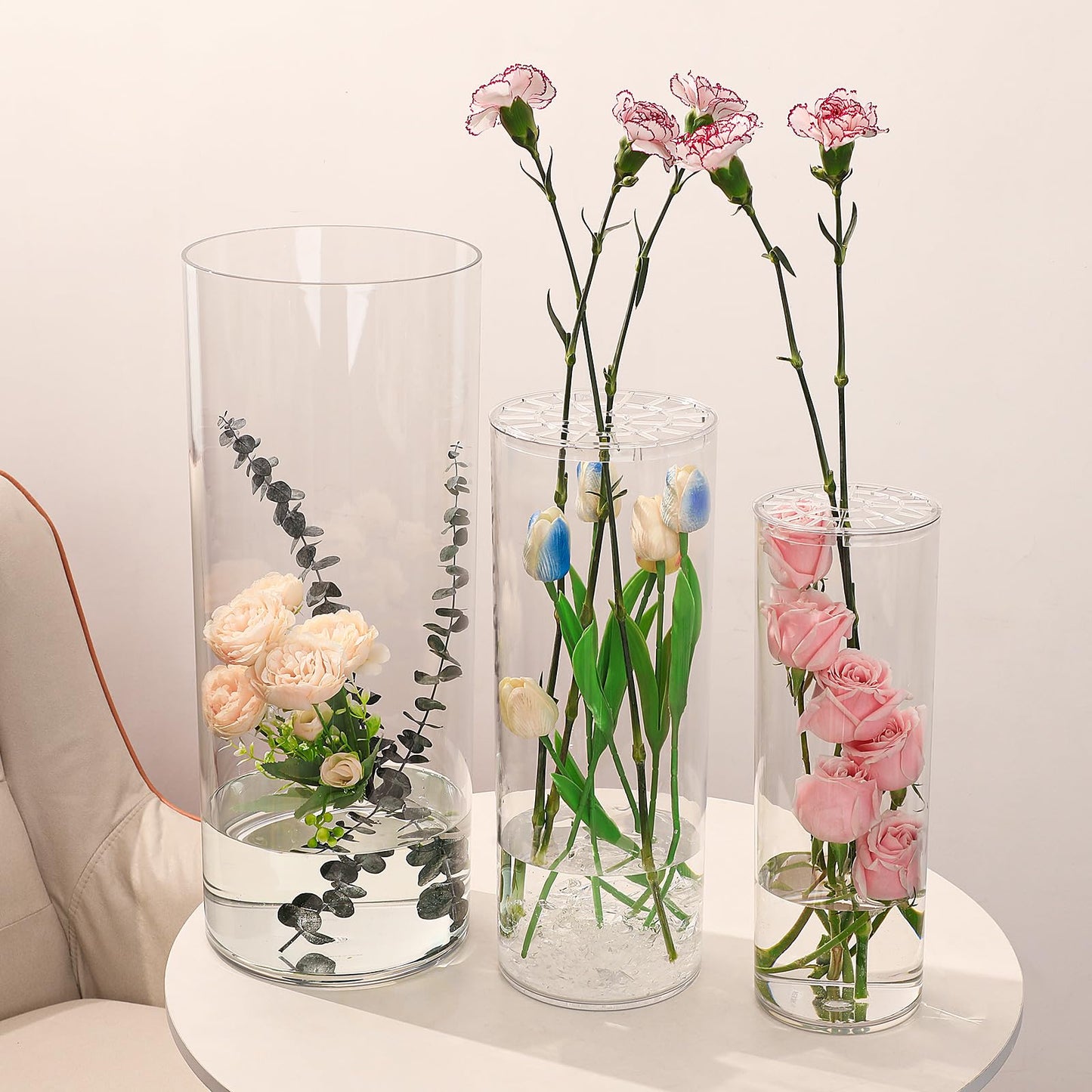Liotww Extra Large Acrylic Cylinder Clear Vase for Floor, 20 in Tall Big Wide Mouth Plastic Unbreakable Hurricane Flower Vases of 3 for Home Decor (D 8", D 6", D 4.8" + 2 Holder)