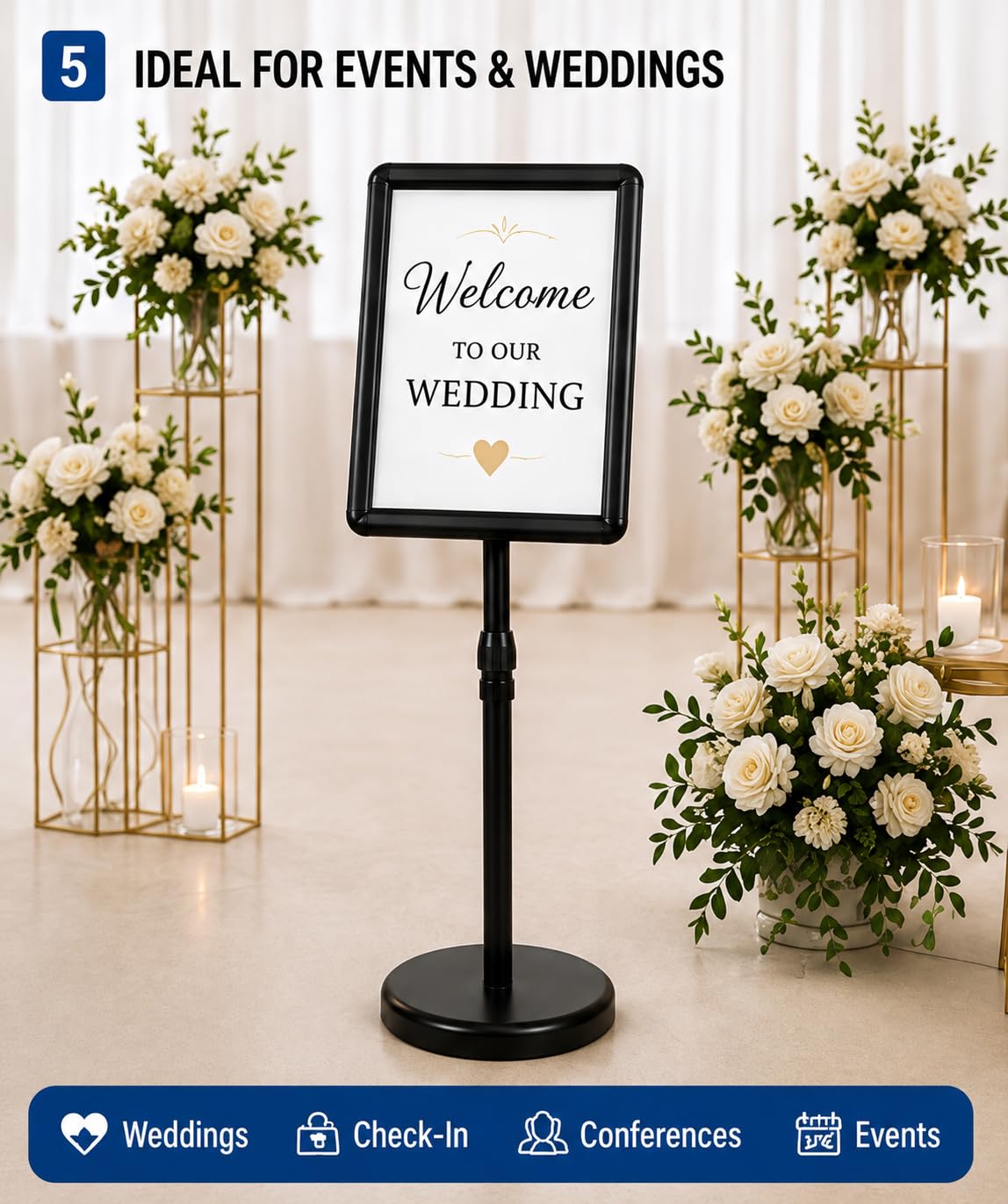 BNUM Adjustable Poster Stand 8.5 x 11 Sign Holder with Weighted Base Floor Standing Display Stand for Menus, Flyers, Check-In Signs, Weddings, Restaurants, Stores & Offices (Round Corner)
