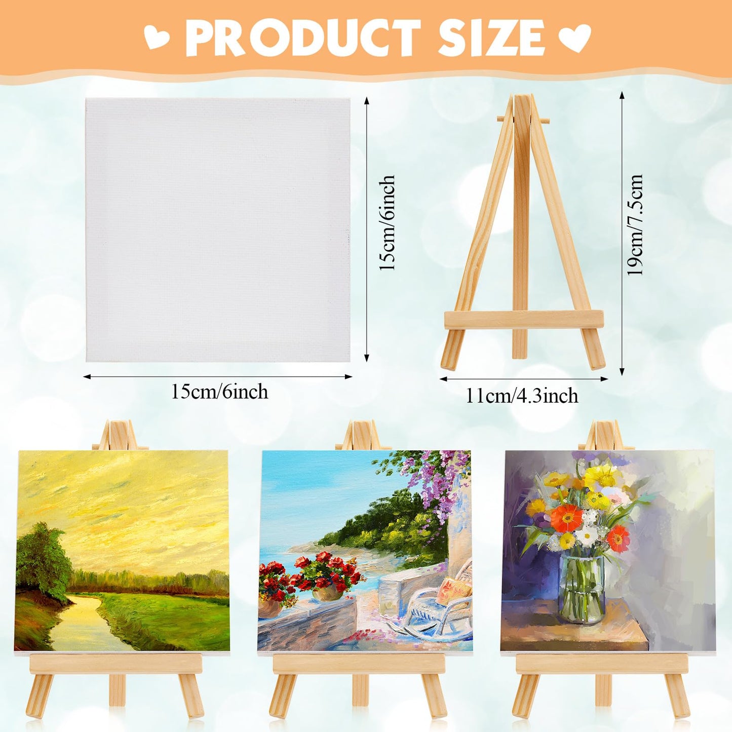 Mimorou 32 Pack Mini Canvas with Easel Sets for Painting Small Art Stretched Canvas Panels Pack with Sturdy Wood Display Easel for Kids Classroom Crafts End of The Year Gifts (6 x 6 Inch)