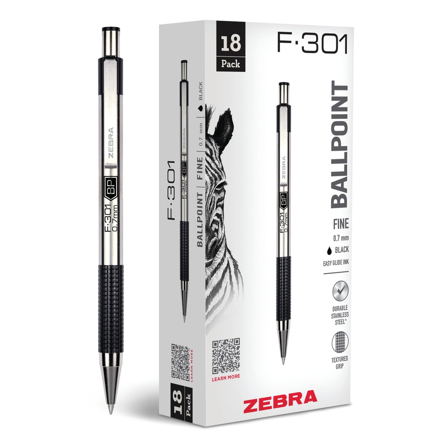 Zebra Pen F-301 Ballpoint Black Ink Fine Point 0.7mm Pen, Easy-Glide Ink, Stainless Steel Retractable, Non-Slip Grip, Professional Design, Ideal for Office, Journal and Planner Use, 18-Pack (27118)