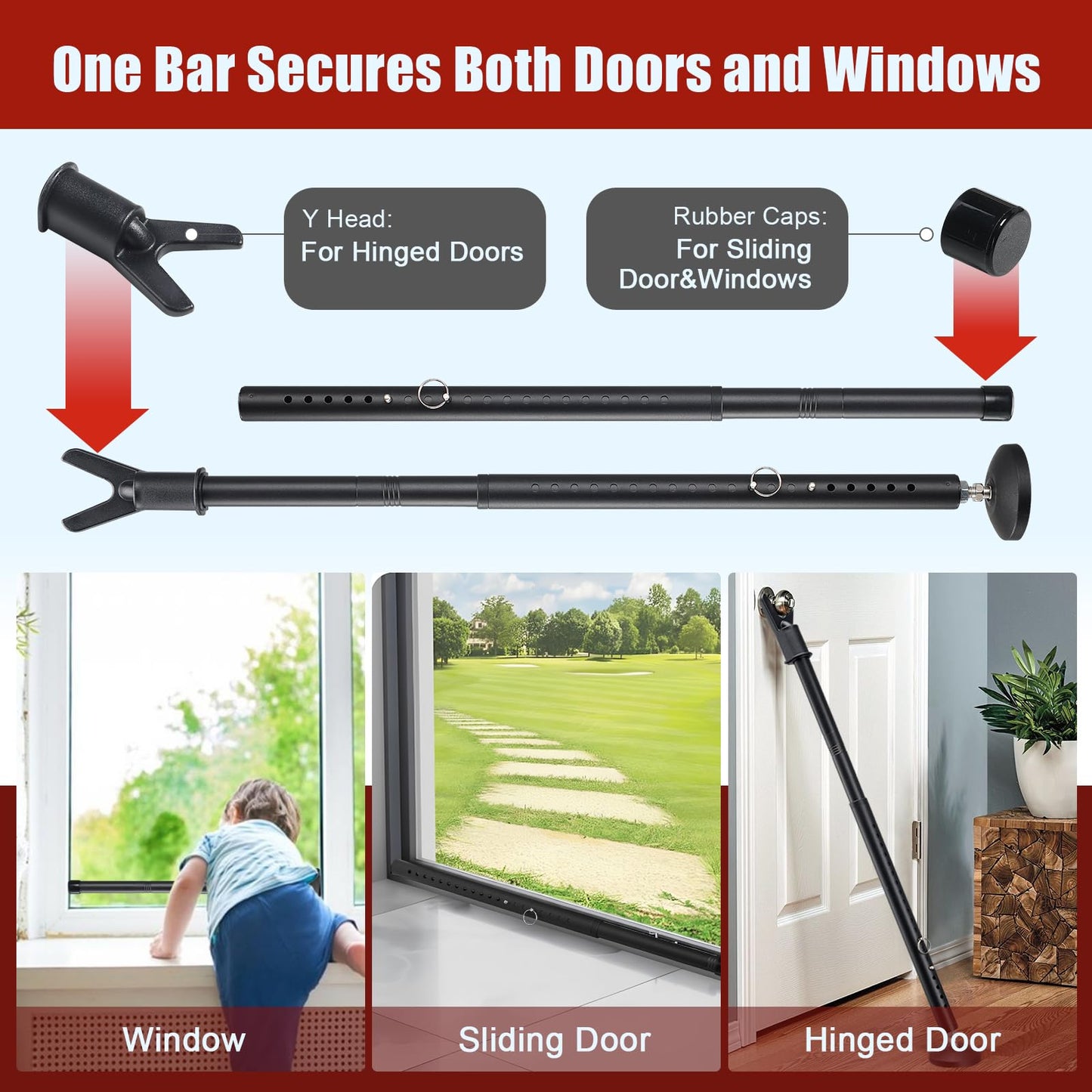 2 Pack Door Security Bar – Anti-Slip 600LB Heavy Duty Door Stopper Jammer Stick, Adjustable 24.5-50.7'',Portable Travel Safety Lock Blocker for Home, Apartment, Hotel, Front & Sliding Doors