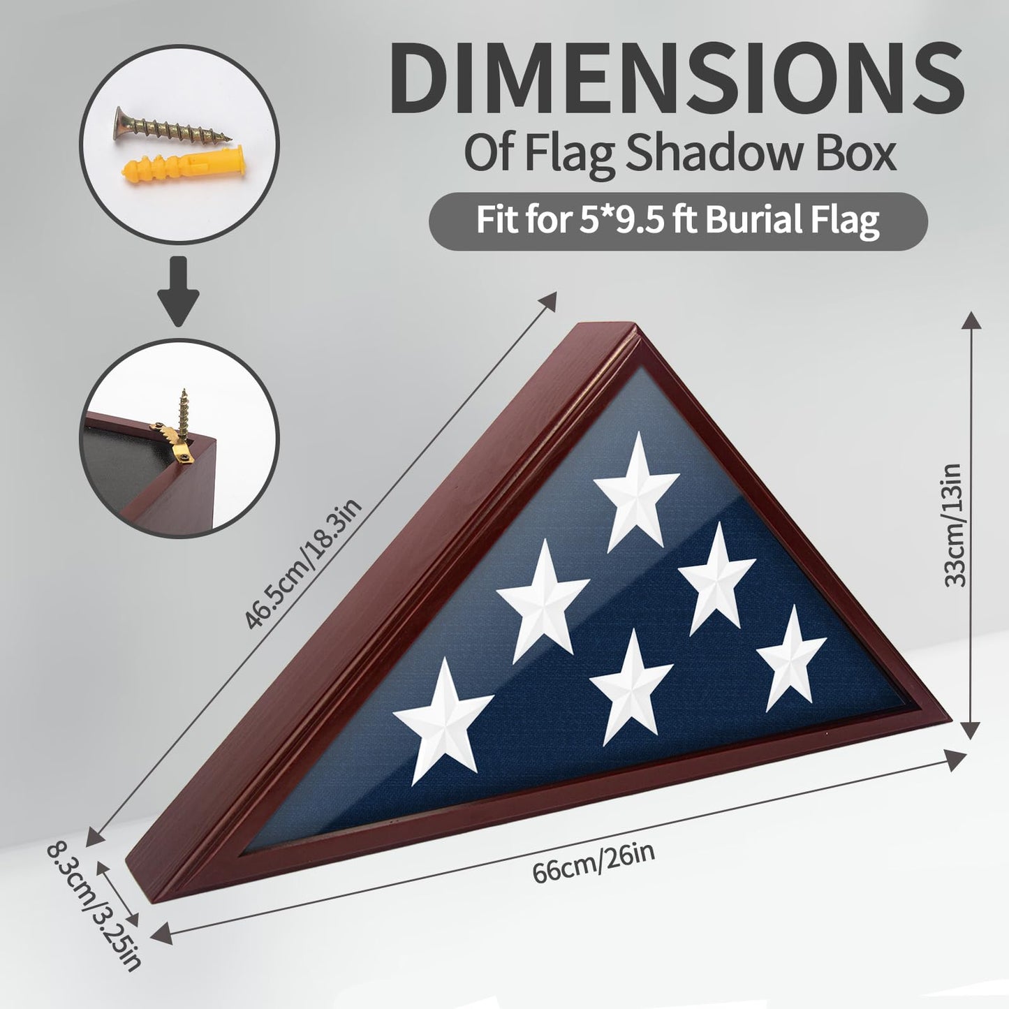 Flag Display Case for 5 x 9.5 ft Folded Burial Flag, Wall Mounted Wooden Flag Case with Custom DIY Stickers Self-Adhesive for Wall or Tabletop, Red Brown Flag Shadow Box for Honoring Military Veteran