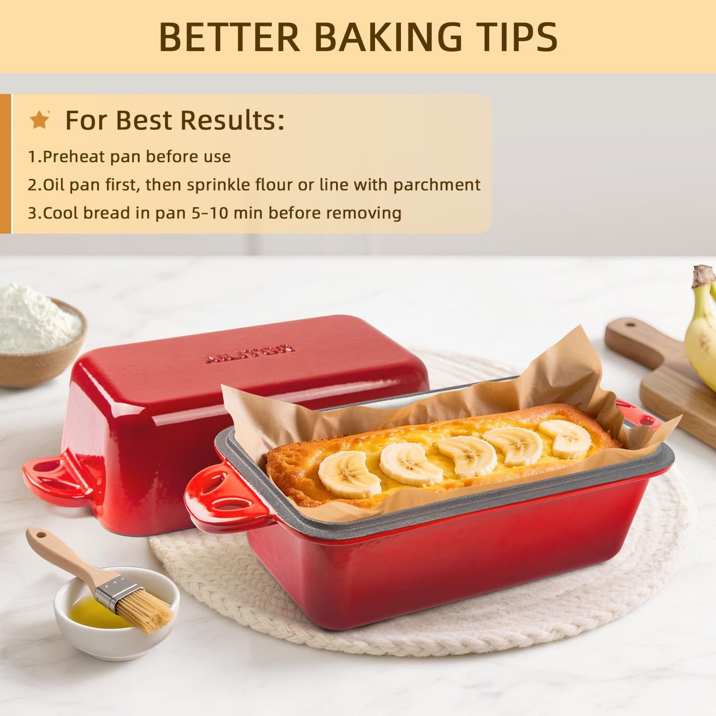 AILITOR 9x5 Enameled Cast Iron Loaf Pan with Lid - 2 in 1 Homemade Sourdough Bread Baking Pan