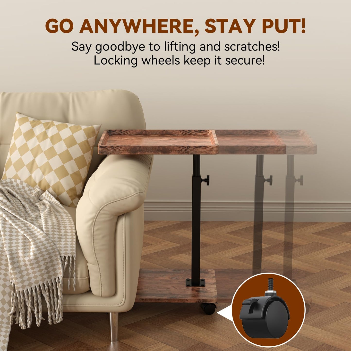 QAUUQQ C Table Side Table Adjustable Height, 360°Swivel TV Tray Table with Wheels, Small Table for Eating, Dinner, C Shaped End Tables Living Room and Bedroom for Sofa, Couch, Bed,Chair, Snack
