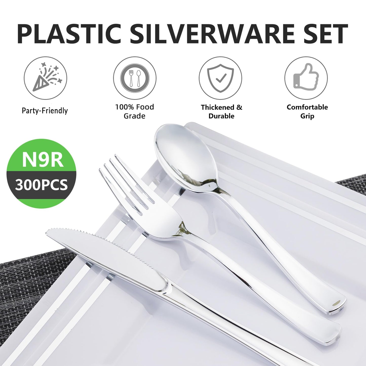 N9R 300PCS Silver Plastic Silverware Set, 100 Forks, 100 Spoons, 100 Knives, Heavy Duty Disposable Cutlery for Parties, Fancy Disposable Flatware for Weddings, and Daily Use