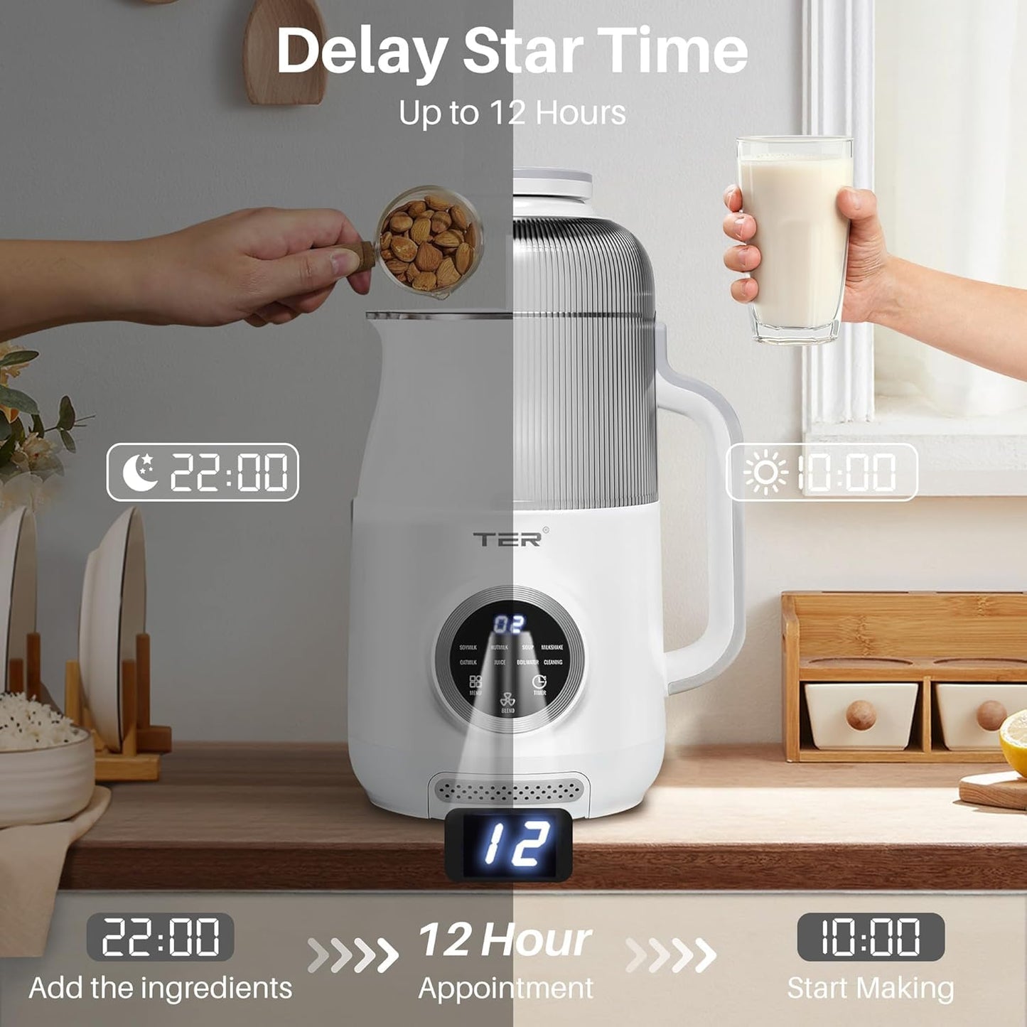 40oz Nut Milk Maker Machine, 10 in 1 Automatic Soy Milk Maker for Homemade Almond, Oat, Soy, Plant-Based Soybean Machine with Delay Start, Keep Warm, Boil Water, Self Cleaning, Quiet Blender, White