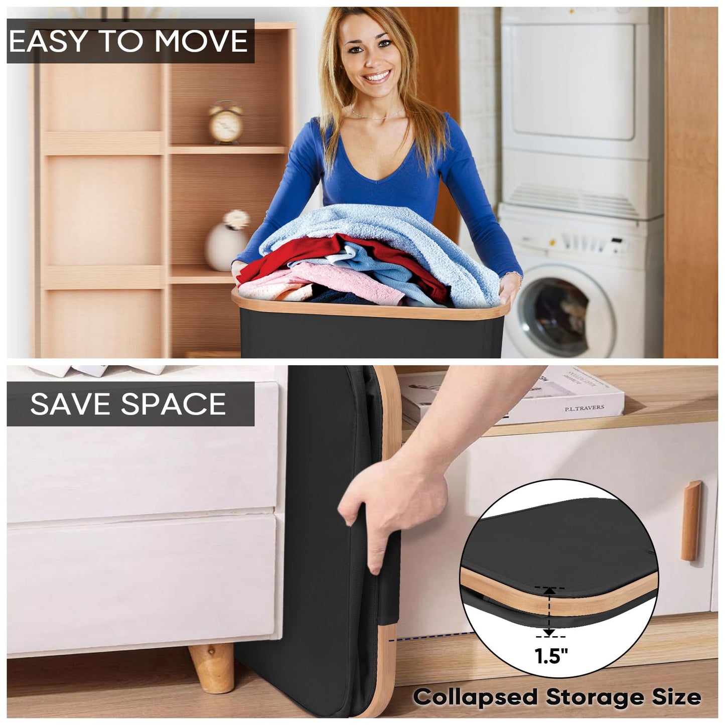 BALEINE Laundry Hamper with Lid, Tall Laundry Baskets with Bamboo Pull Handles, Large Laundry Bin with Internal Support (26Gal/100L, Carbon Black)