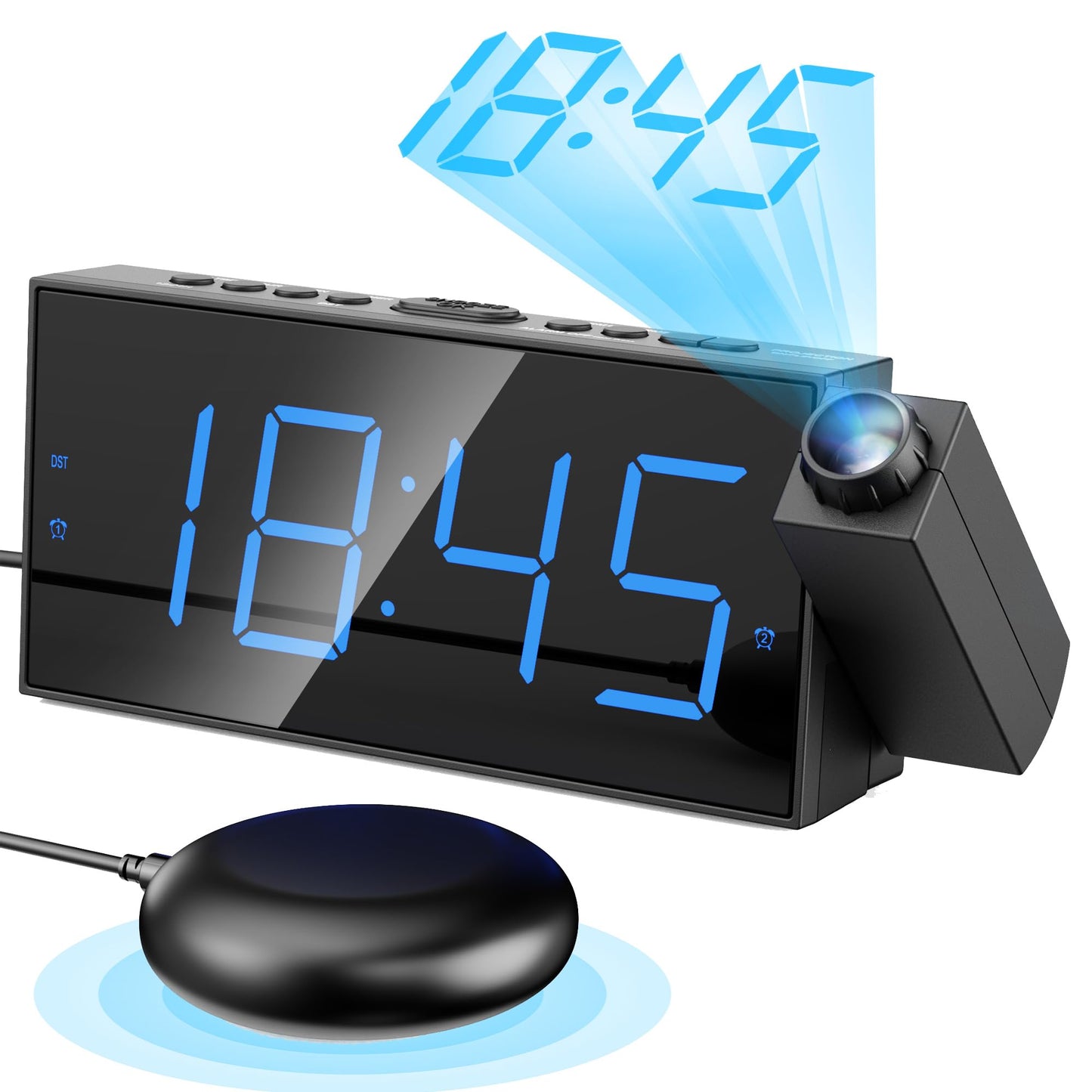 Mesqool Projection Alarm Clock with Bed Shaker, Dual Alarms, 180° Projector, 5-Level Dimmer, USB Phone Charger, Battery Backup, Loud Vibrating Alarm Clock for Heavy Sleepers, Snooze, DST