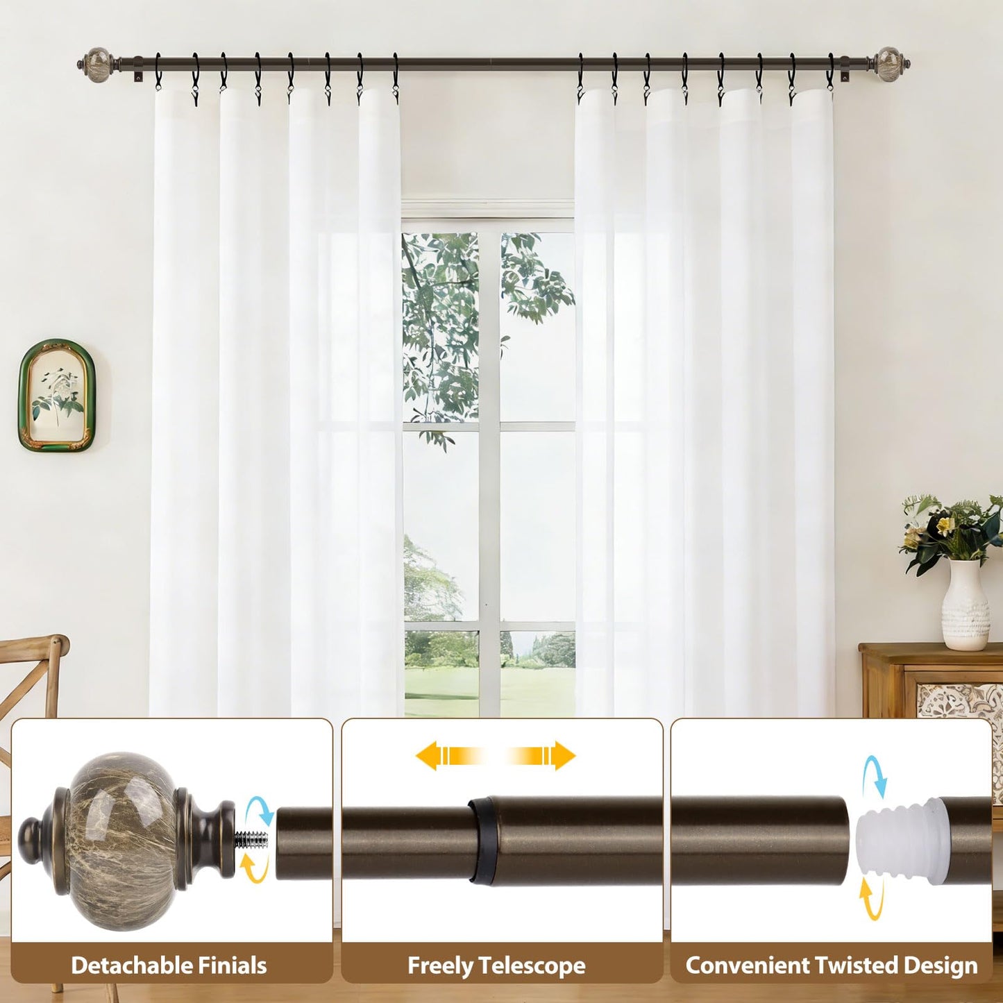 KAMANINA 1 Inch Curtain Rods for Windows 72 to 144 Inches (6-12ft) Bronze Heavy Duty Curtain Rod, Adjustable Long Drapery Rods with Marbled Finials