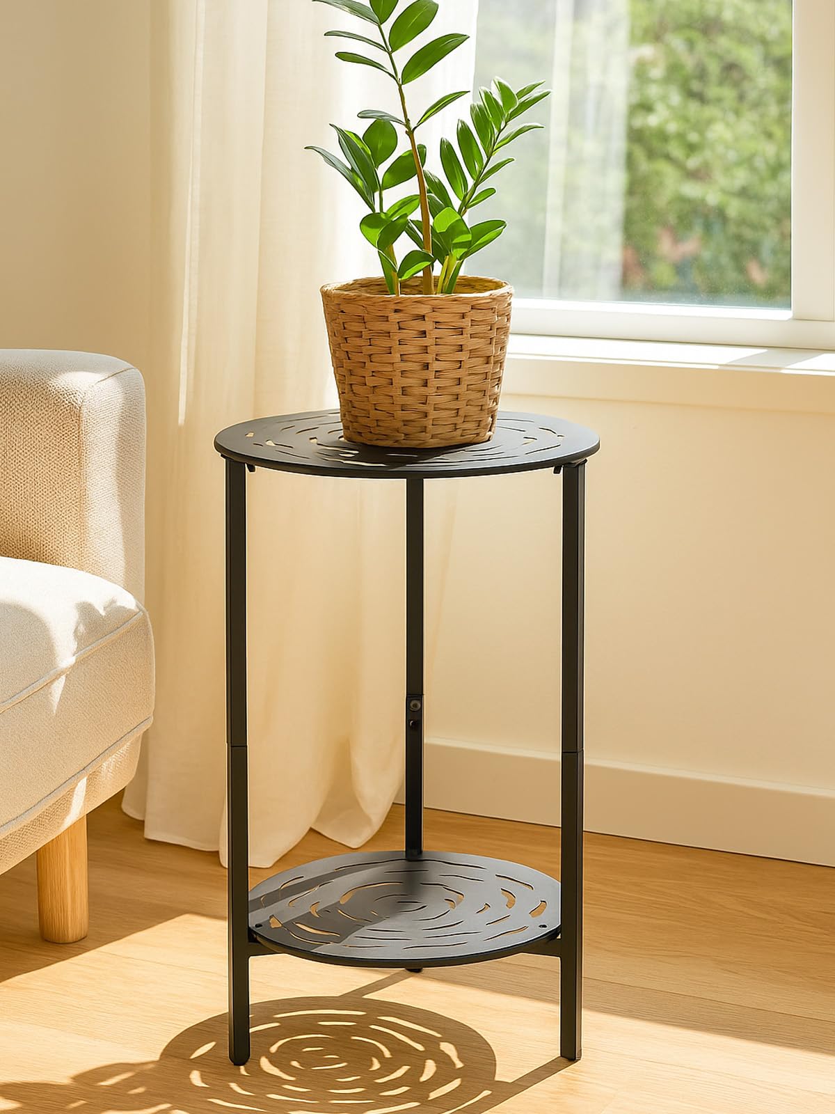 lucpur 2-Tier Metal Round Side Table Black Accent Coffee Tables Small Space Corner Plant Stand Shelf for Indoor Outdoor Use Patio Balcony End Table Laser-Cut Floral Pattern Weather-Resistant