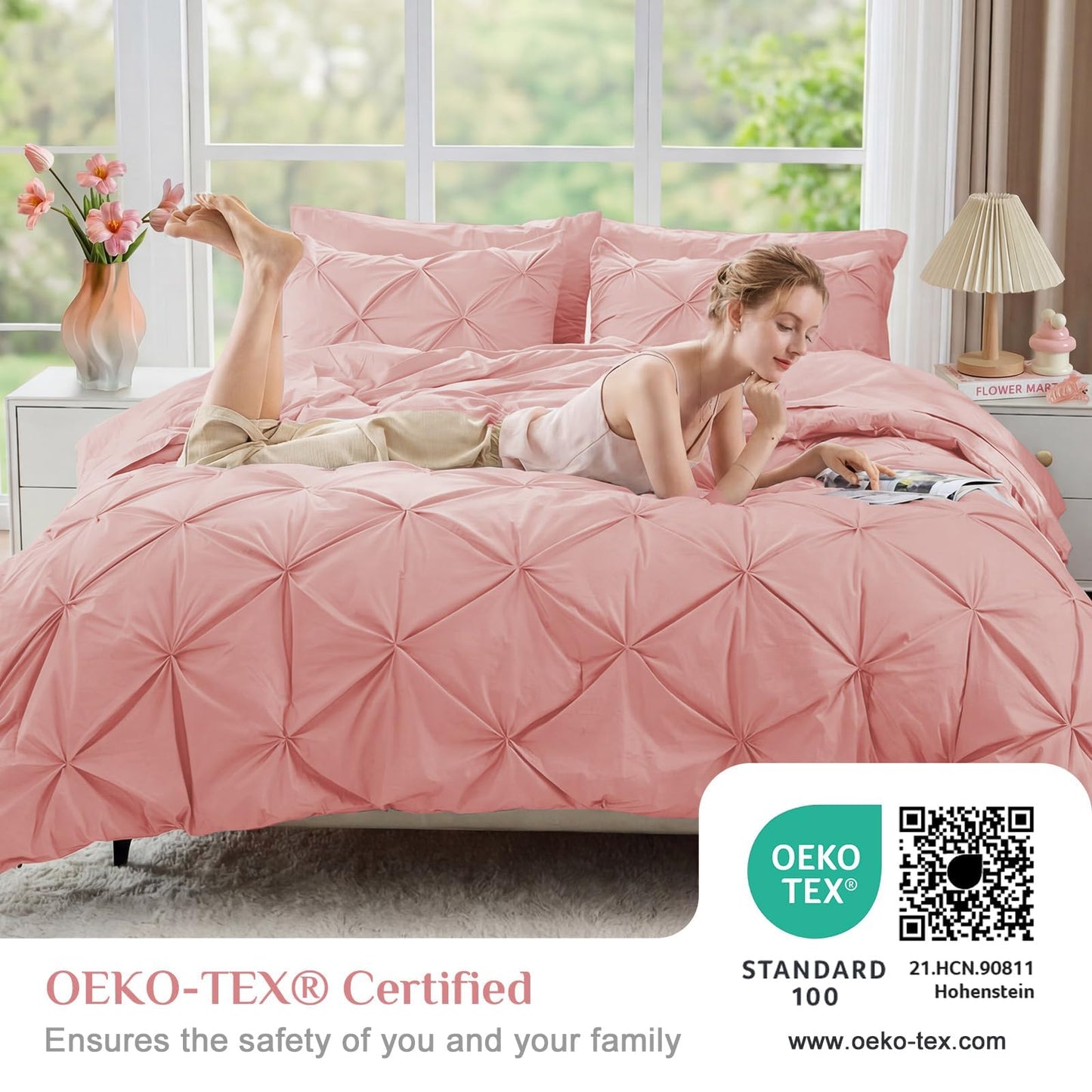 JOLLYVOGUE Queen Comforter Set 7 Pieces - Bed in a Bag Queen for All Season, Pintuck Bedding Comforter Sets with Comforter, Flat Sheet, Fitted Sheet and Pillowcases & Shams, Pink