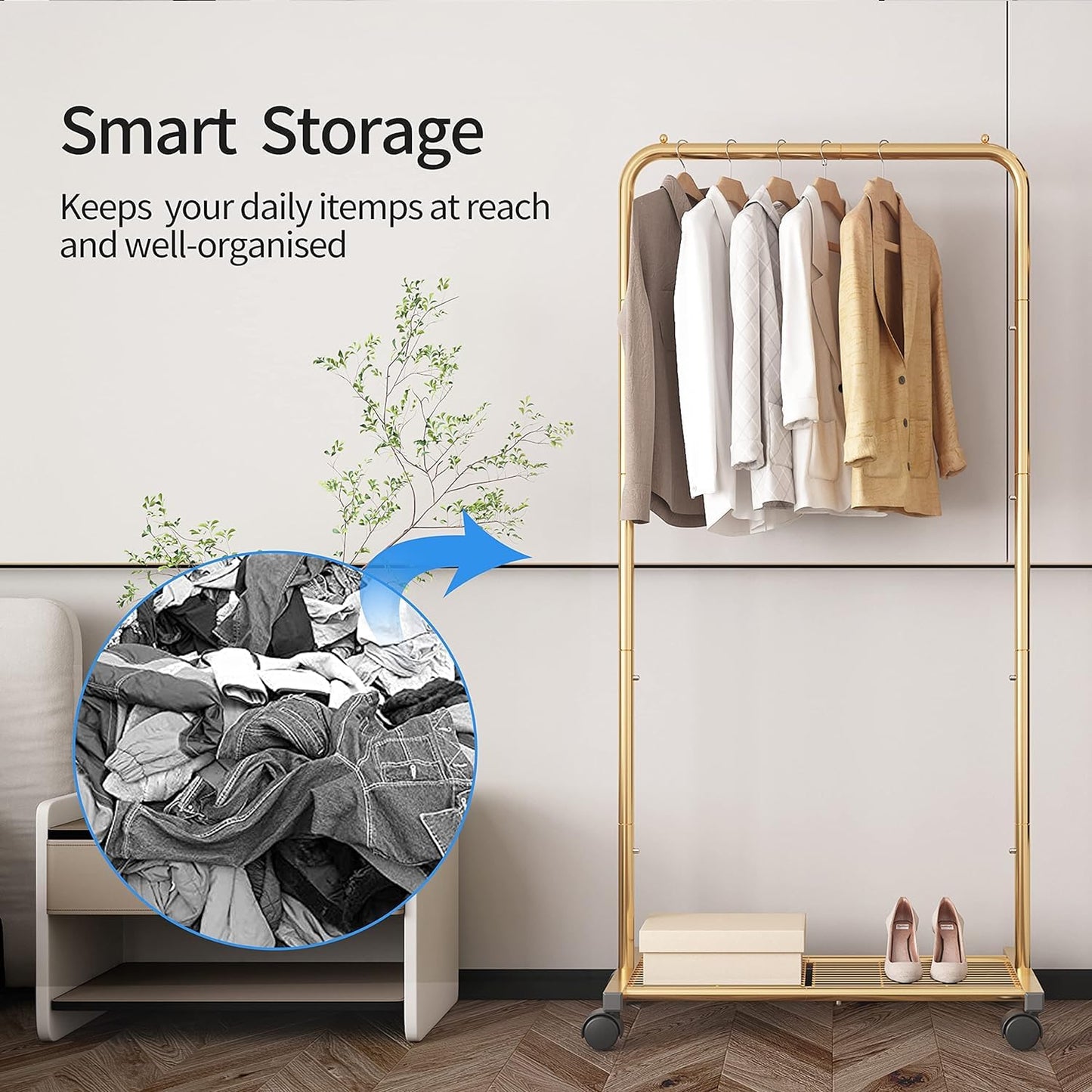 Simple Trending Standard Clothes Garment Rack, Clothing Rolling Rack with Mesh Storage Shelf on Wheels, Golden Yellow