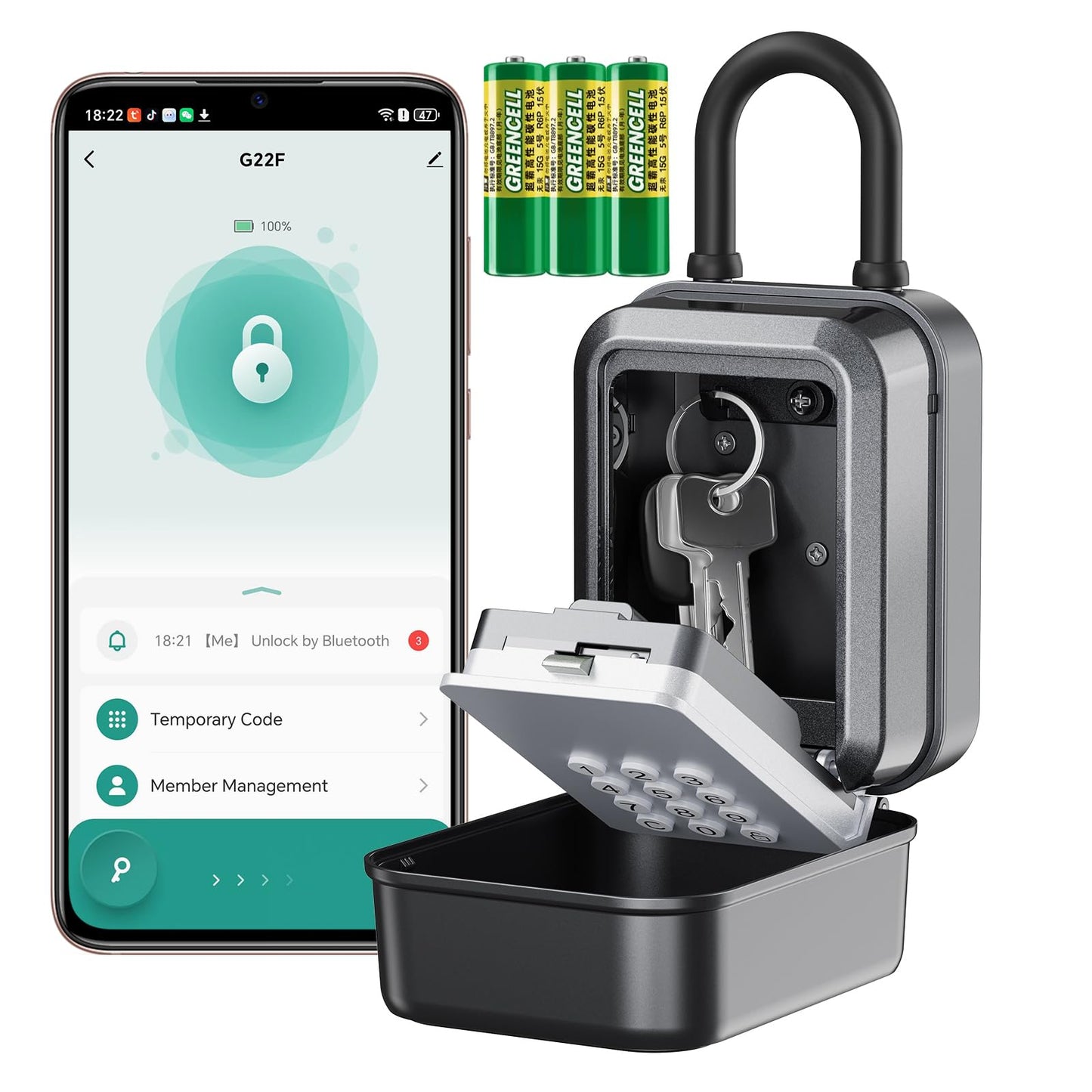 Smart Key Lock Box - Bluetooth APP(Tuya APP) Control & PIN Code, IP65 Weatherproof Wall Mounted Lock Box for Airbnb, Realtor, Home Office, Holds 5 Keys+3 Access Cards