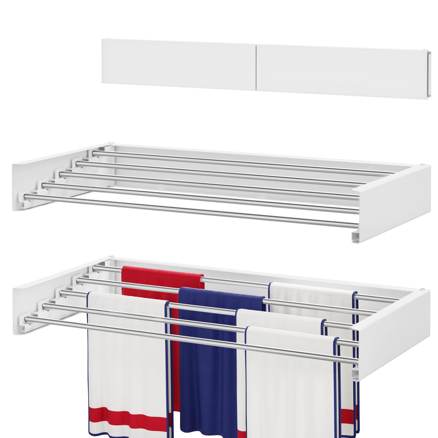 SOLVESTIS Wall Mounted Drying Rack 23.6", Foldable Laundry Drying Rack with Stainless Steel Rods, Retractable Laundry Space Saver for Indoor & Outdoor Use, Include Wall Template