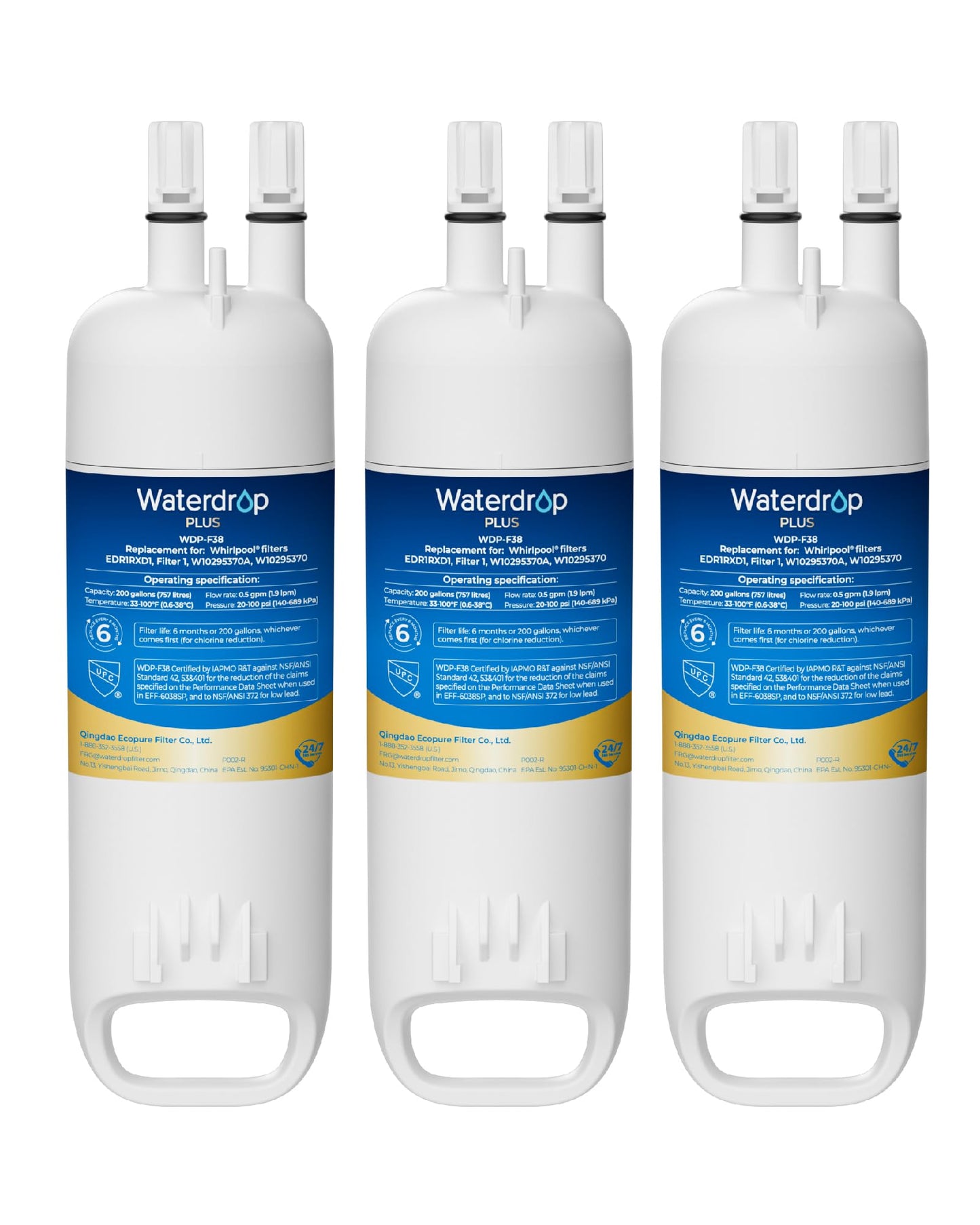 Waterdrop Plus EDR1RXD1 Replacement for Everydrop® Filter 1, W10295370A, EDR1RXD1B, P8RFWB2L, P4RFWB, 46-9081, 46-9930, WDP-F38 Refrigerator Water Filter, 3 Pack