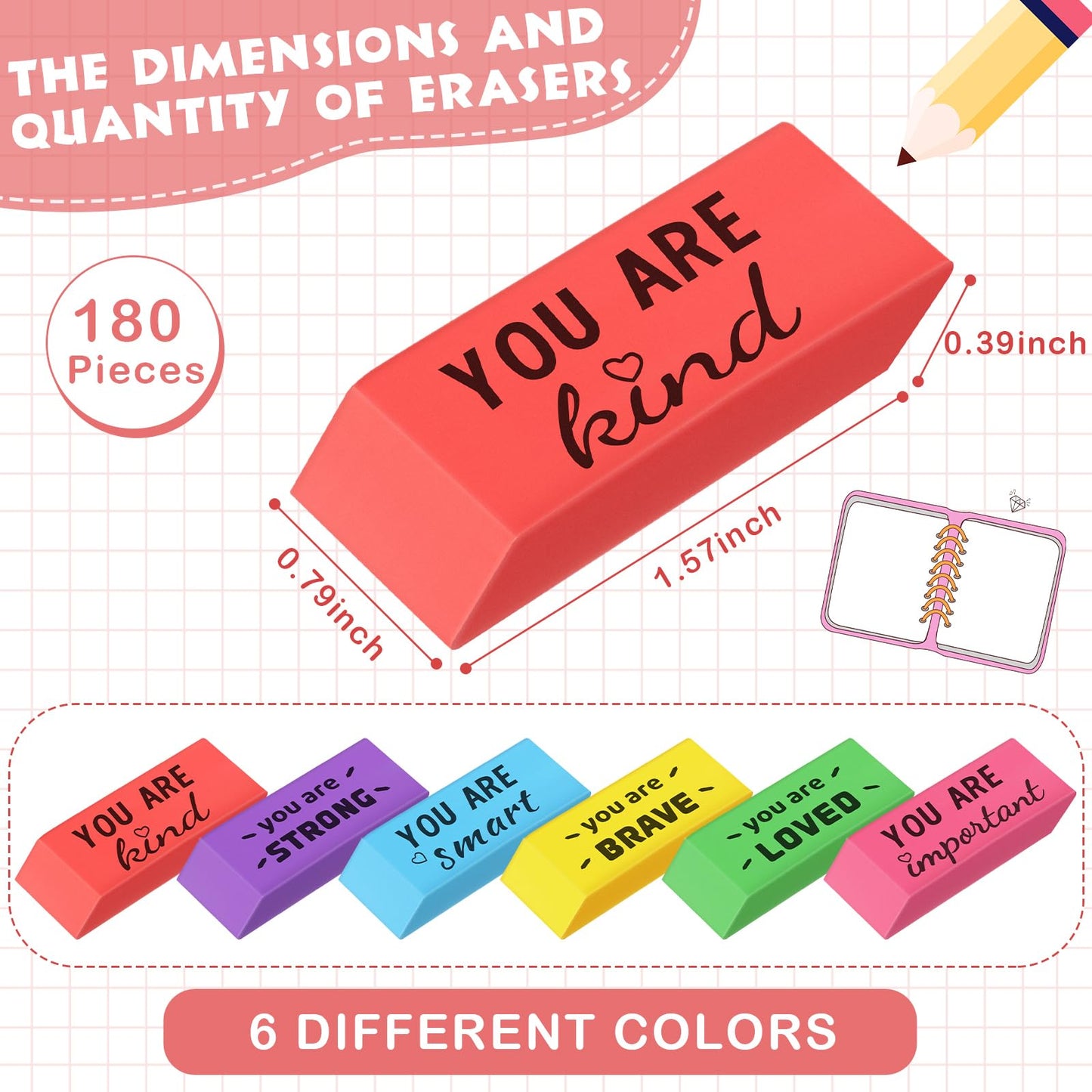 Yaomiao 180 Pcs Inspirational Erasers for Kids Bulk Pencil Beveled Erasers Colorful Motivational Gifts Bulk for Kids Students Classrooms, Drawing, Back to School