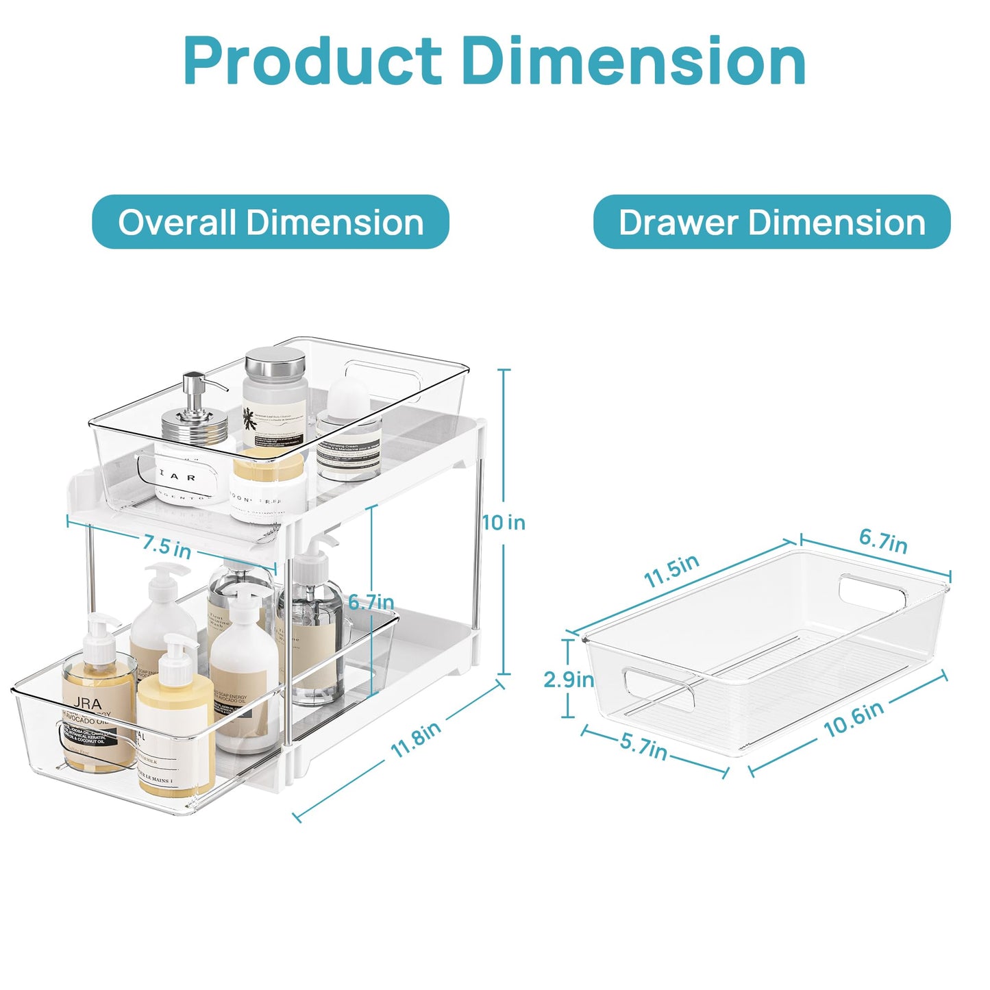 Vtopmart 4 Pack Bathroom Organizer, 2 Tier White Under Sink Organizers Vanity Countertop Storage Container,Cabinet Drawers Bins, Pull-Out Organization with Track for Pantry, Kitchen