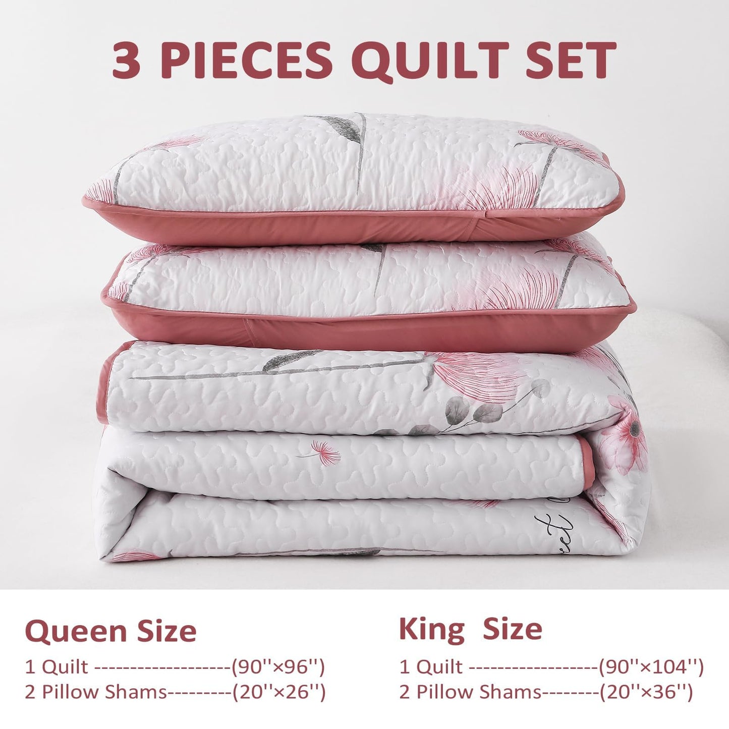 Dinjoy Floral Quilt Set Queen,Pink Bedspread Queen Size 3 Pieces Lightweight Farmhouse Bedding Set Cute Quilts Soft Flower Bedspreads White Coverlet Sets for Girls Women Fall