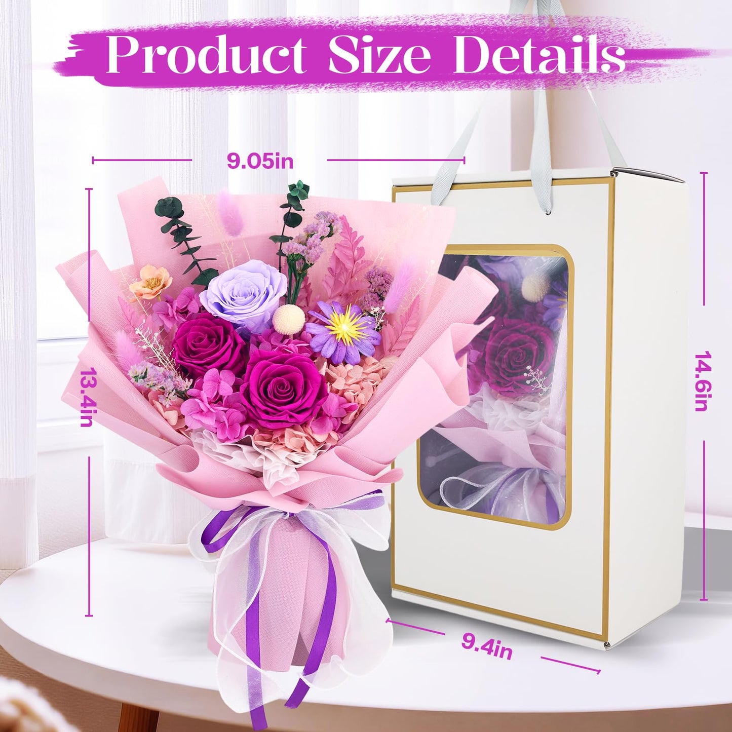 jabeick Preserved Flowers for Delivery, Purple Flowers Fresh Bouquet with Gift Box, Forever Eternal Rose for Her Mom Wife Girlfriend on Christmas, Valentines Day, Mother's Day, Birthday