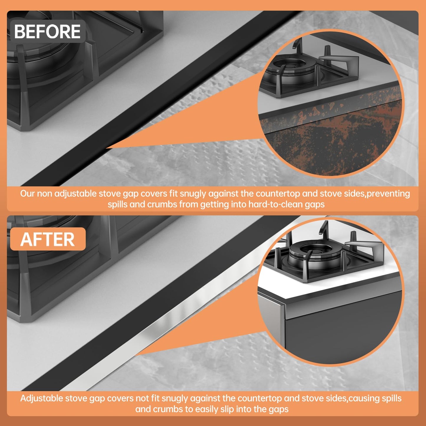 MOFINO Stove Gap Covers 316 Stainless Steel,2 Pack 23.2" Stove Gap Filler,Heat Resistant Stove Gap Guards,Between Stove and Counter Slide In Range Trim Kit for Kitchen,Upgrade Silver