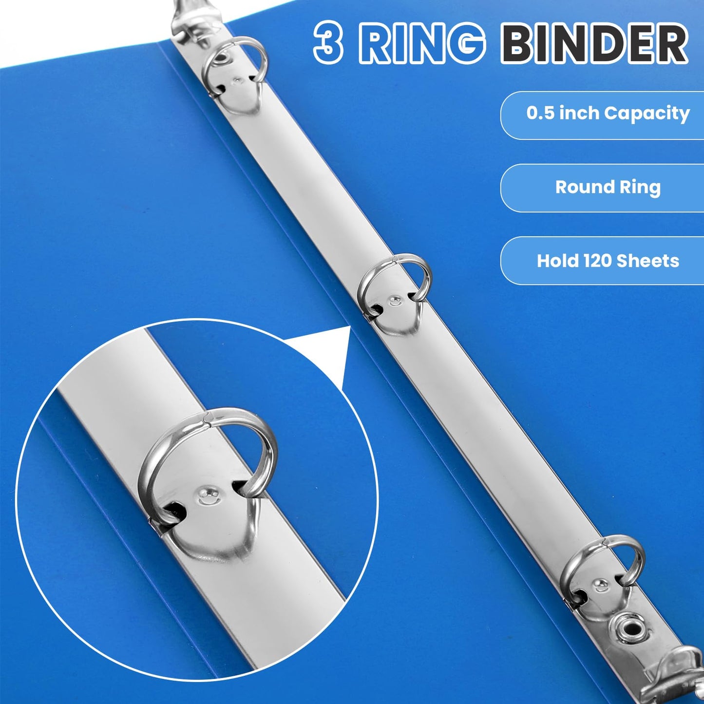 Henoyso 16 Pack 1/2 Inch 3 Ring Binder with Clear Cover Fit Letter Size 8.5" x 11" Paper Holds 140 Sheets, Bulk Binders for Organizing School, Office & Classroom Documents, 1 Pocket (Blue)