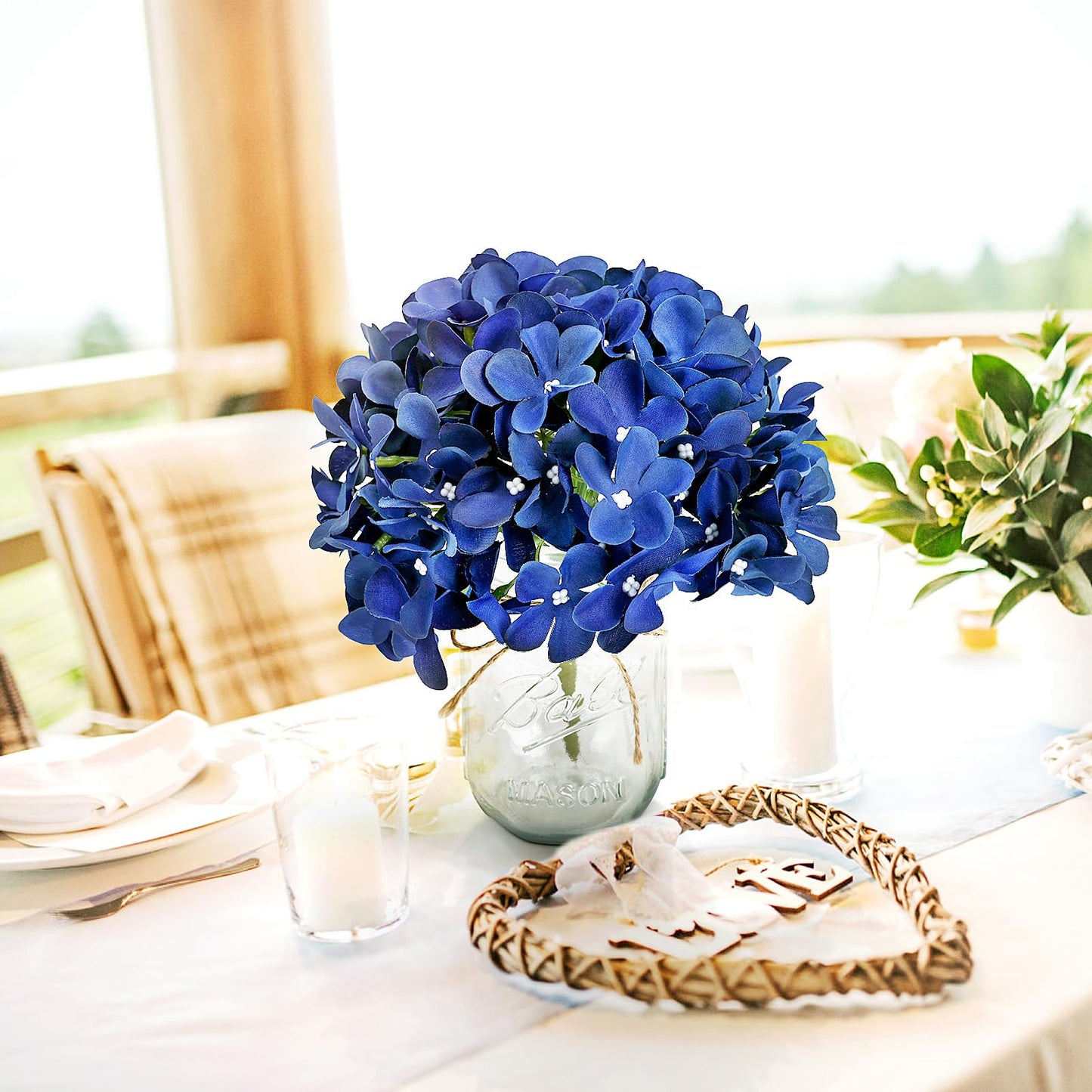 Scawim Mason Jars with Hydrangea, 10 Set Artificial Flower Table Centerpieces Glass Flowers Vases Decor for Home Wedding Farmhouse Bridal Shower Graduation Boho Decorative(Royal Blue)