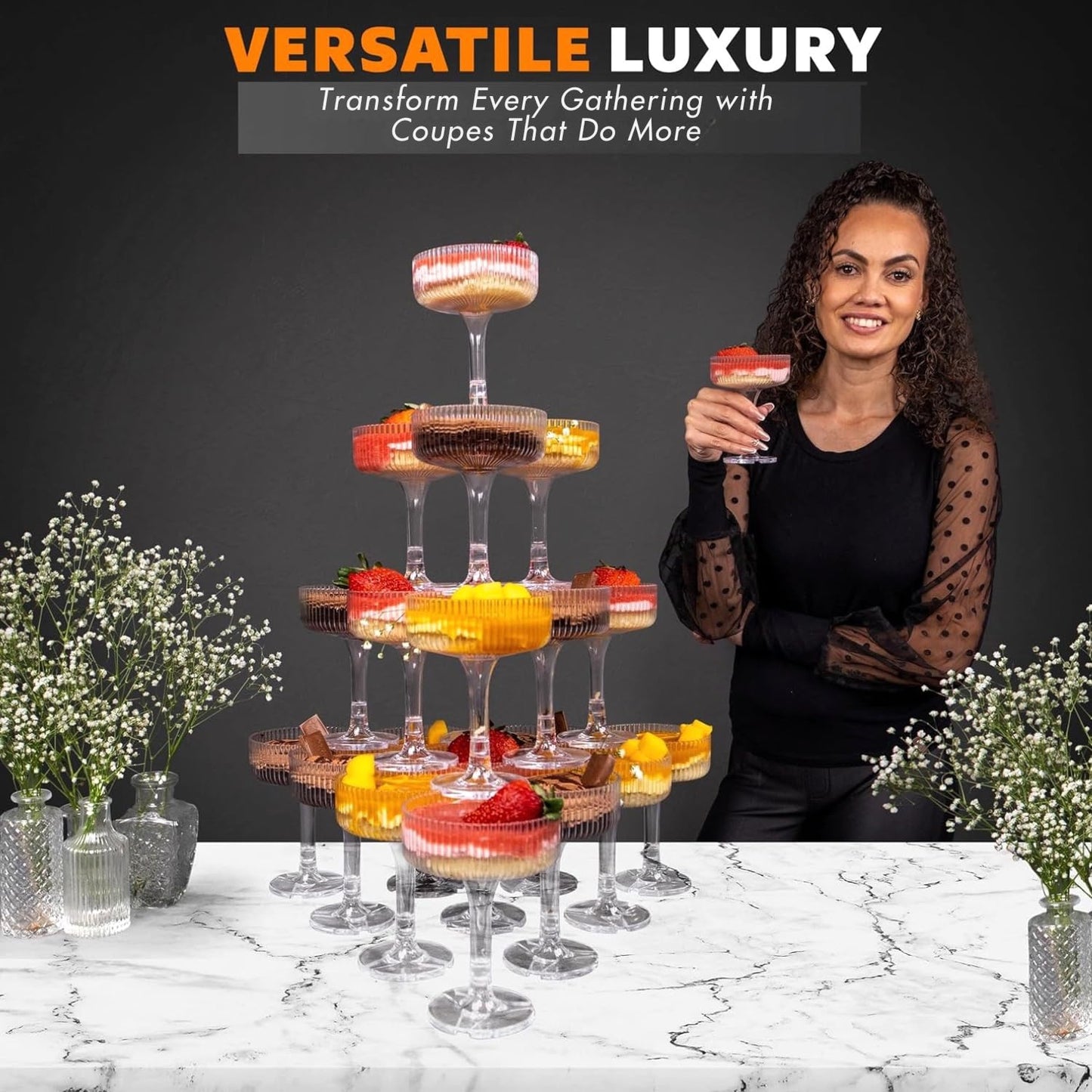 Ksestor PLASTIC Champagne Tower – 21-Piece 7oz Plastic Coupe Glasses, Champagne Tower Glasses Set for Weddings, Parties & Hosting – Clear