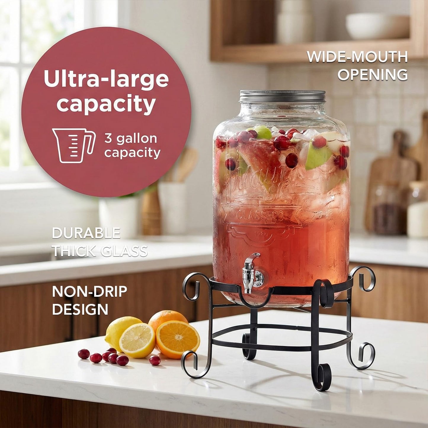 Style Setter Beverage Dispenser Cold Drink Dispenser w/ 3-Gallon Capacity Glass Jug, Metal Stand & Leak-Proof Acrylic Spigot Great for Parties, Weddings & More