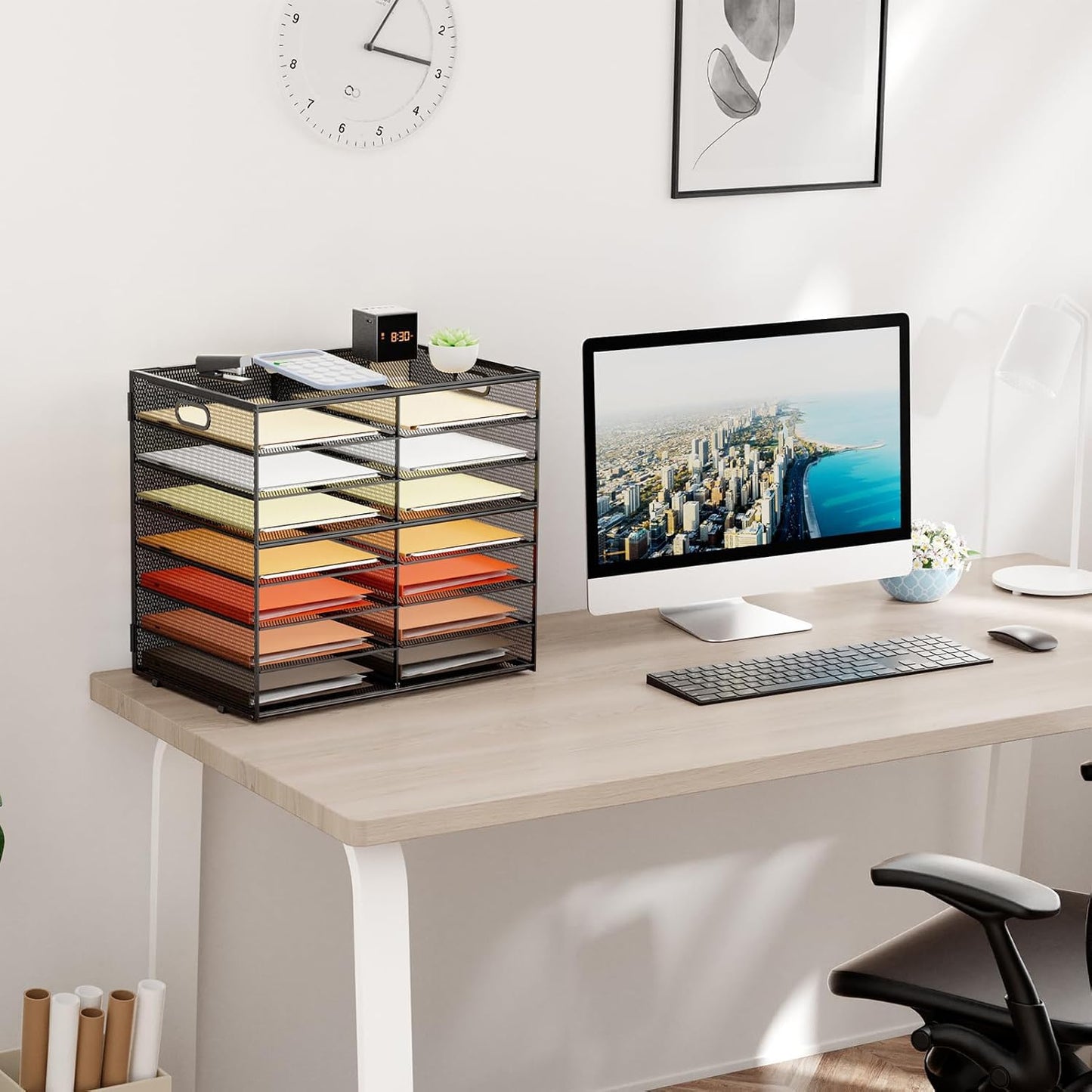 Marbrasse 8 Tier Desktop Literature Organizer, Mesh Paper Organizer Desk Organizers, File Sorter Mail Center Paper Storage Cabinet Classroom Keepers Mailbox for Office Home School, Black
