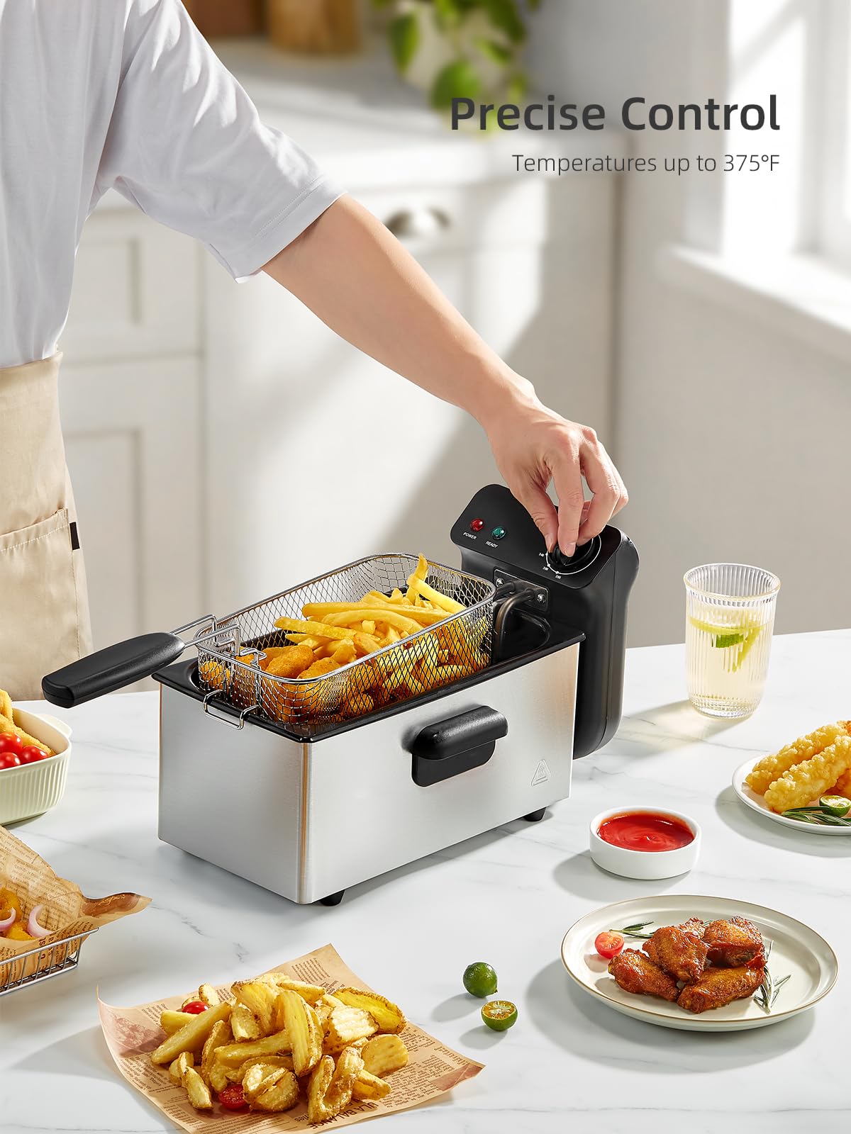 Reemix 3L Electric Deep Fryer 1500W, Adjustable Temperature up to 375°F, Detachable & Dishwasher Safe Oil Pot, Small Countertop Fried Chicken Maker, Stainless Steel