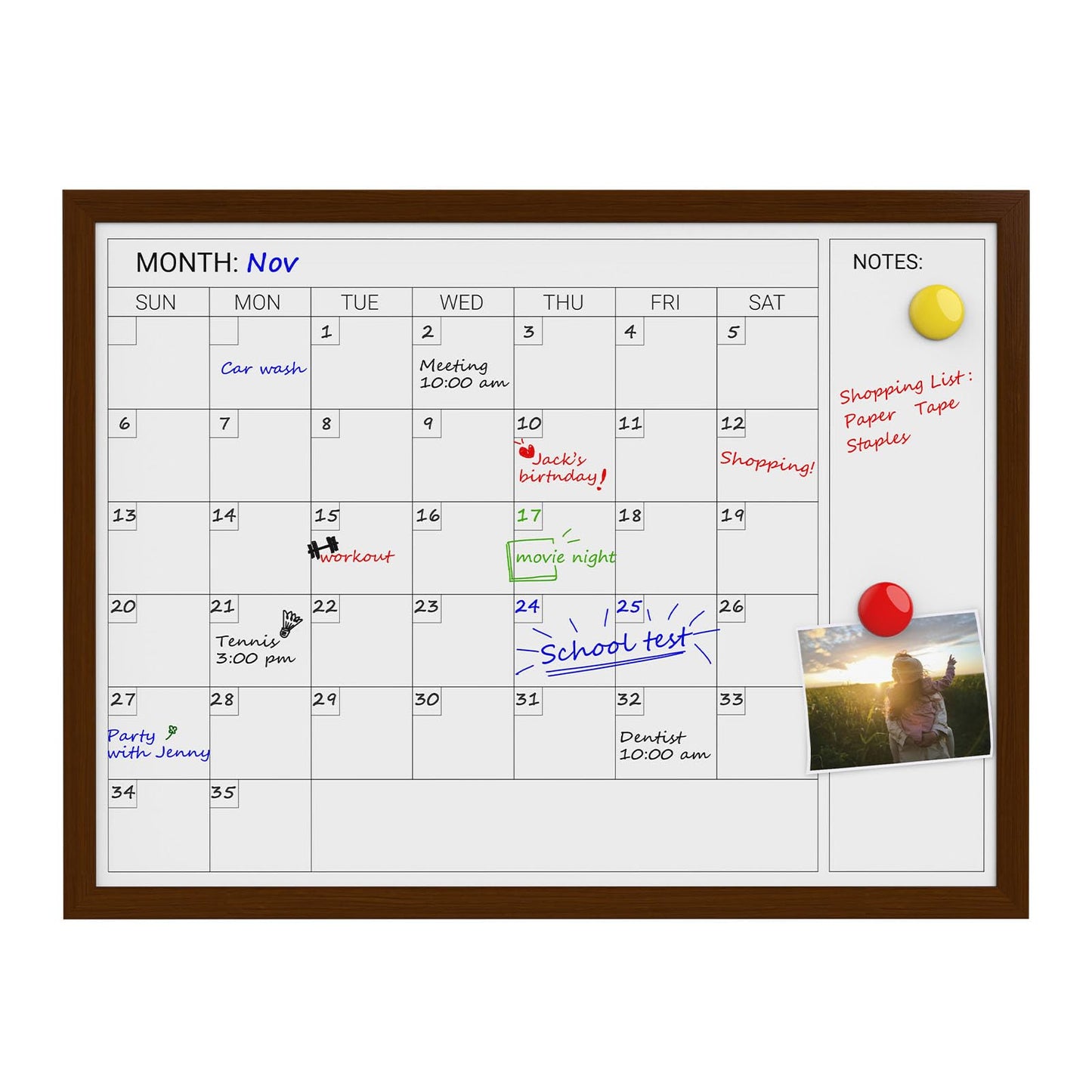 Comix Dry Erase Calendar Whiteboard for Wall, Magnetic Dry Erase White Board with Brown Wood Frame, 24 * 18 inches Decorative Planner Board for Office, Kitchen, School, Home