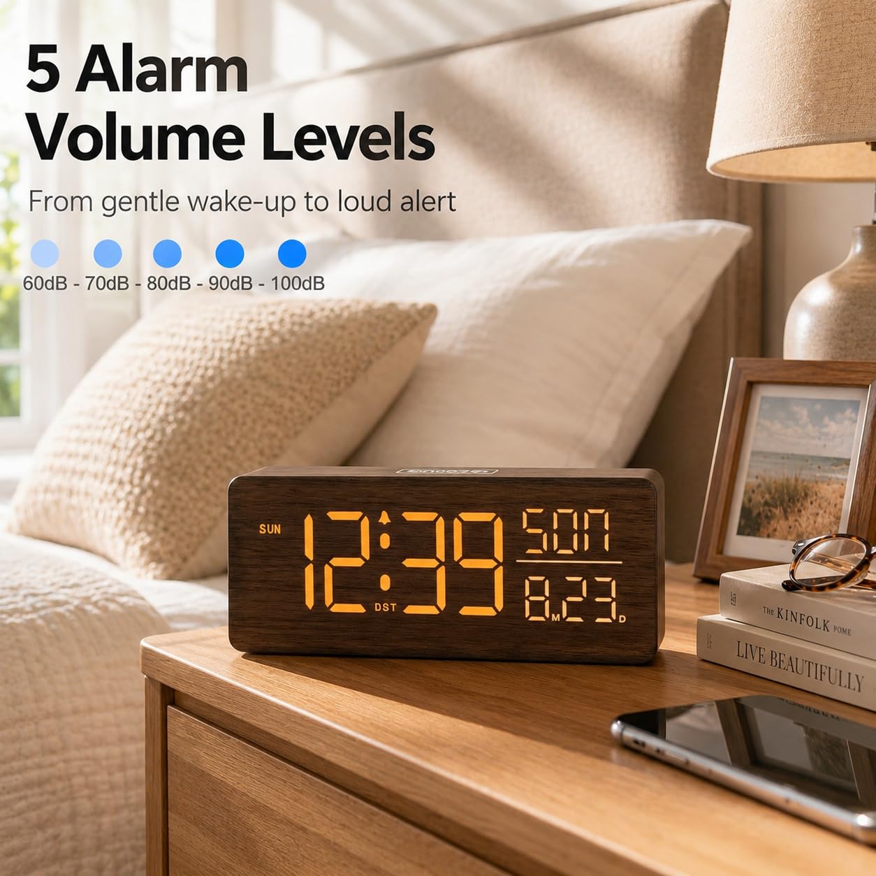 Peakeep Wooden Digital Alarm Clock Large Display, Textured Desk Table Decoration for Bedroom, Living Room, Plug in Clock with Time Date Day, 5 Brightness, Auto DST