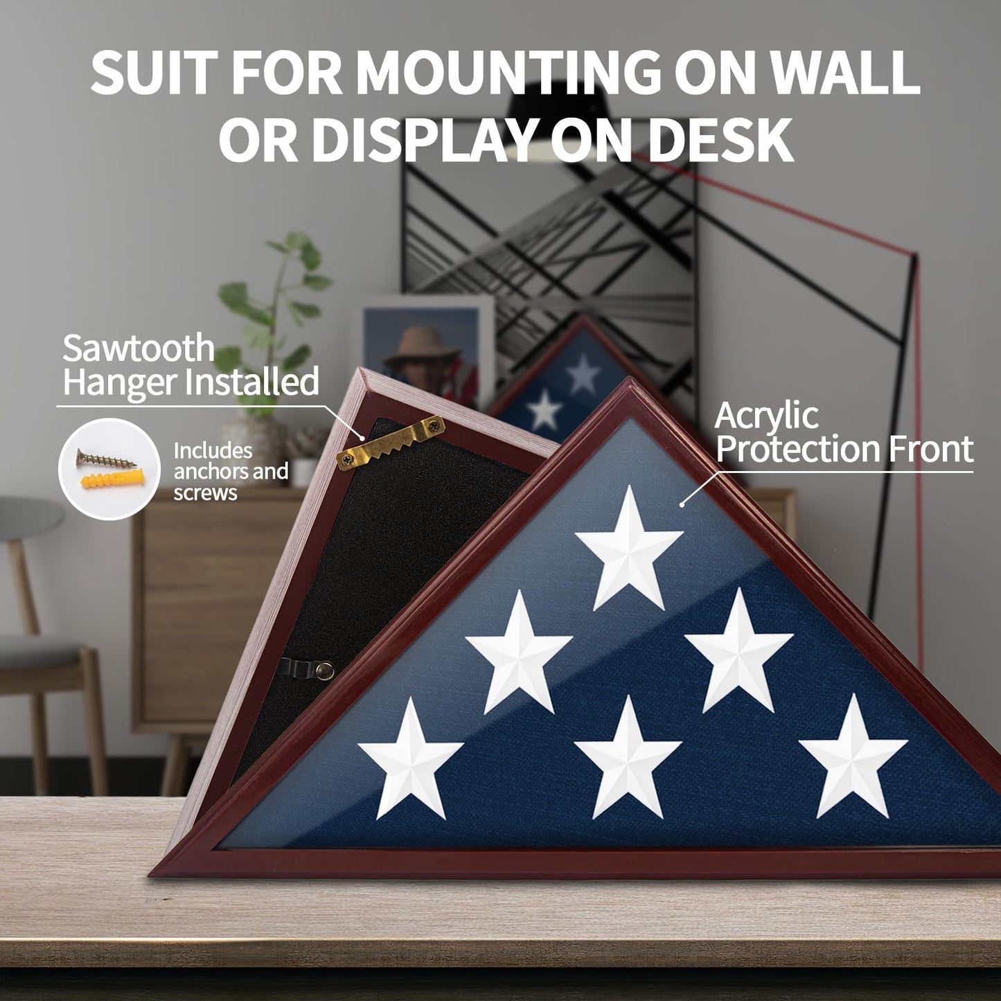 Flag Display Case for 5 x 9.5 ft Folded Burial Flag, Wall Mounted Wooden Flag Case with Custom DIY Stickers Self-Adhesive for Wall or Tabletop, Red Brown Flag Shadow Box for Honoring Military Veteran