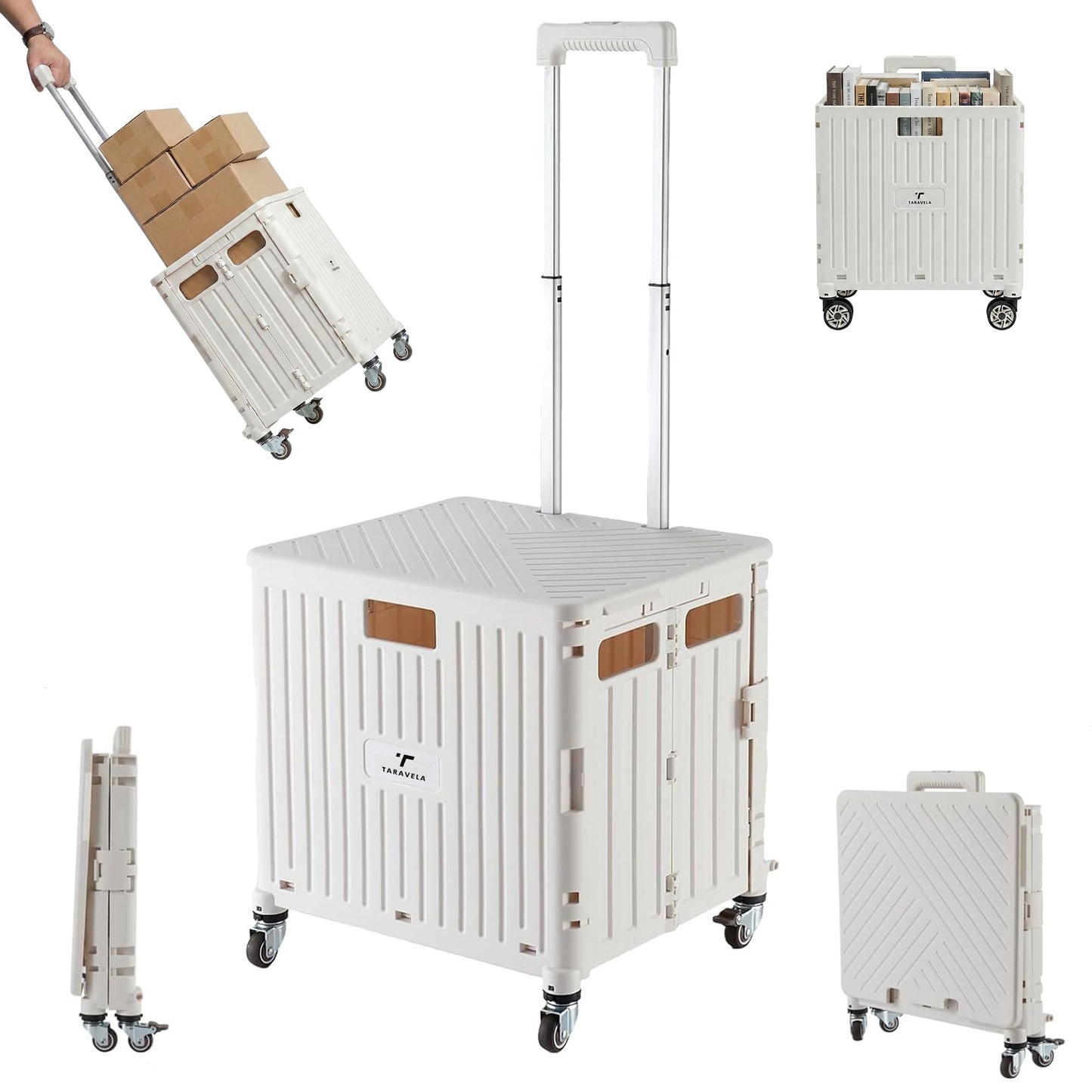 Rolling Cart for Teachers – Collapsible Cart with Wheels, Foldable Utility and Grocery Cart on Wheels for Classroom, Office, Travel, Tool Box, and Move Luggage (White)