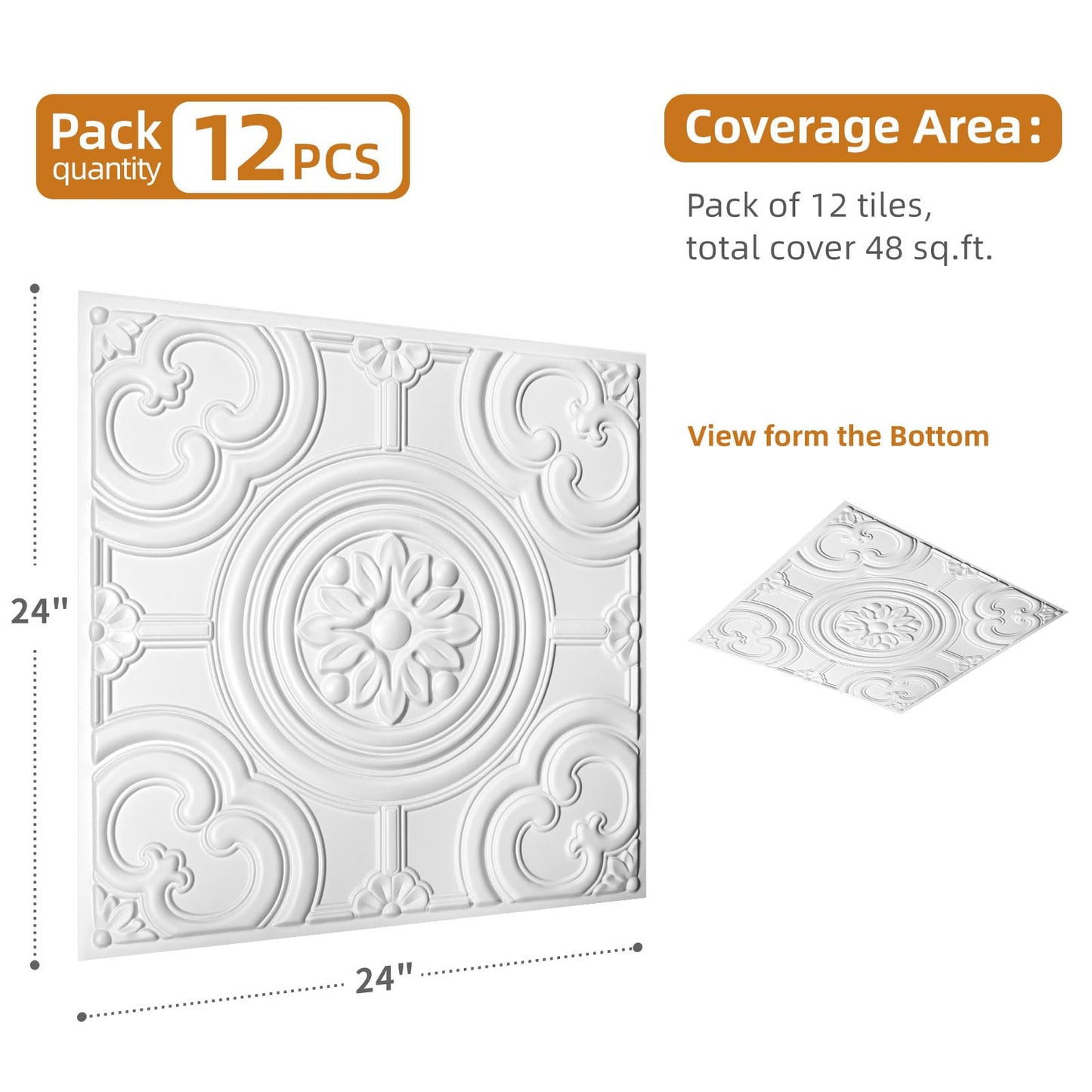 WOWSTAR 12-Pack 24"x24" Drop Ceiling Tiles, Waterproof Glue up Ceiling Panels, White