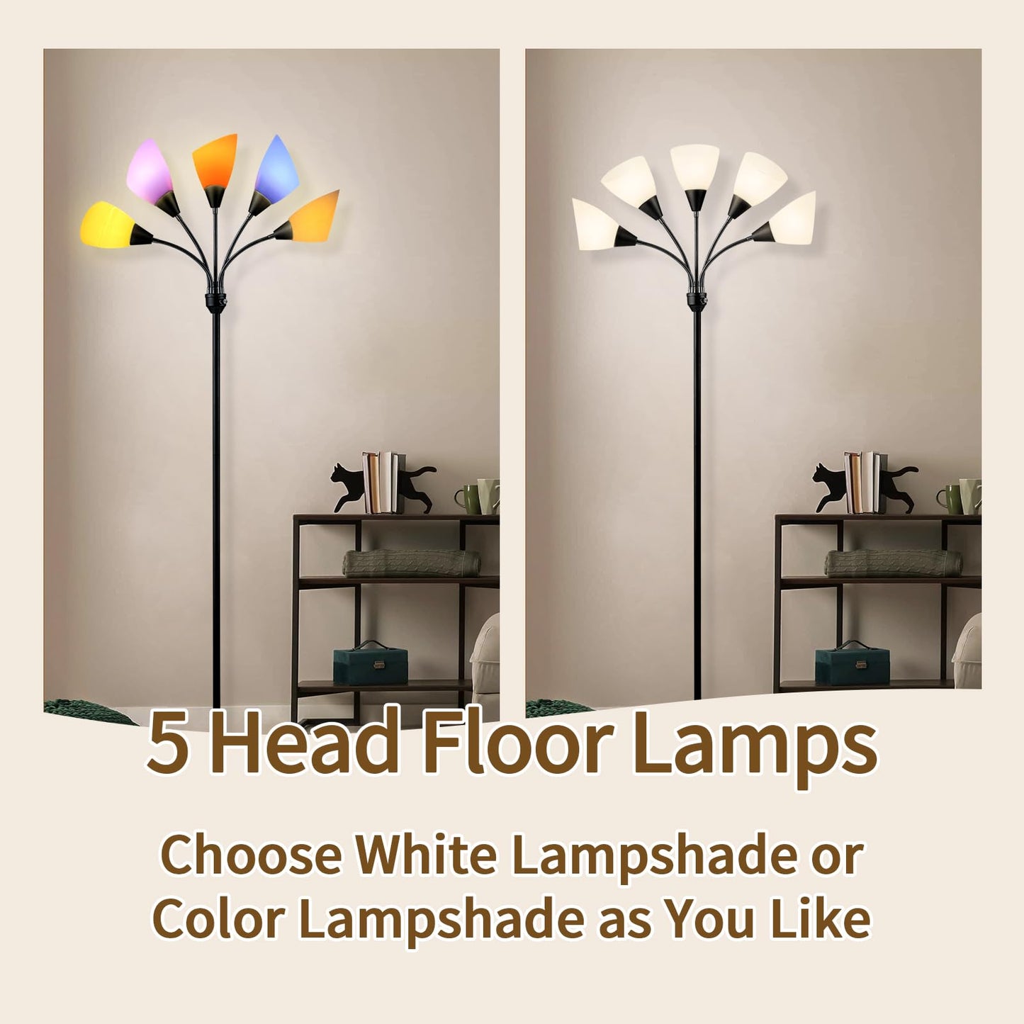 lianheng Medusa Floor Lamp, Multi Head 5 Light Floor Lamp for Bedroom with 10 Lampshade, Adjustable Neck Reading Standing Lamp for Living Room,Office,Kids,Classroom (Black)